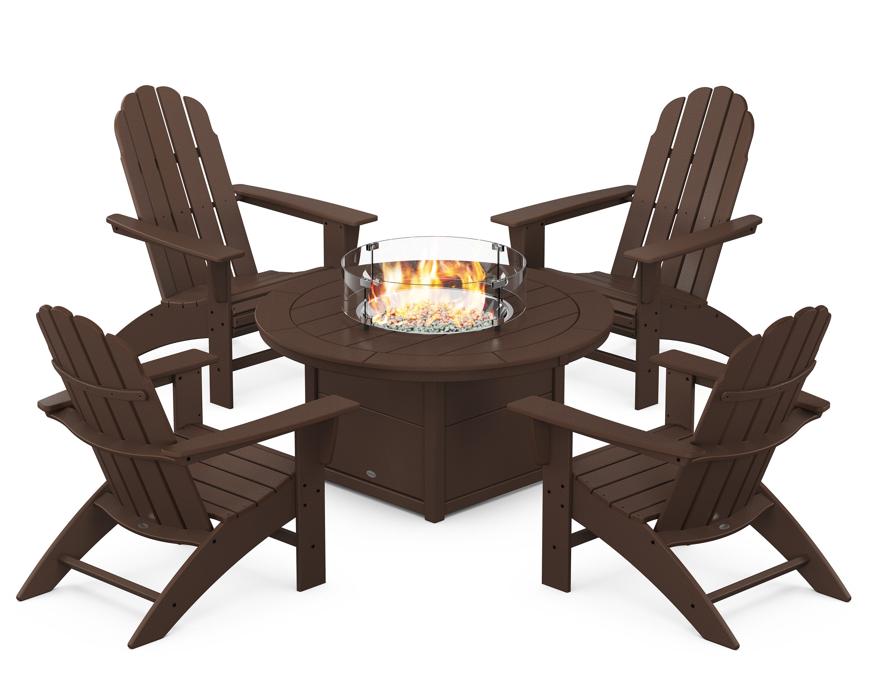 Vineyard Curveback Adirondack 5-Piece Conversation Set with Fire Pit Table in Mahogany