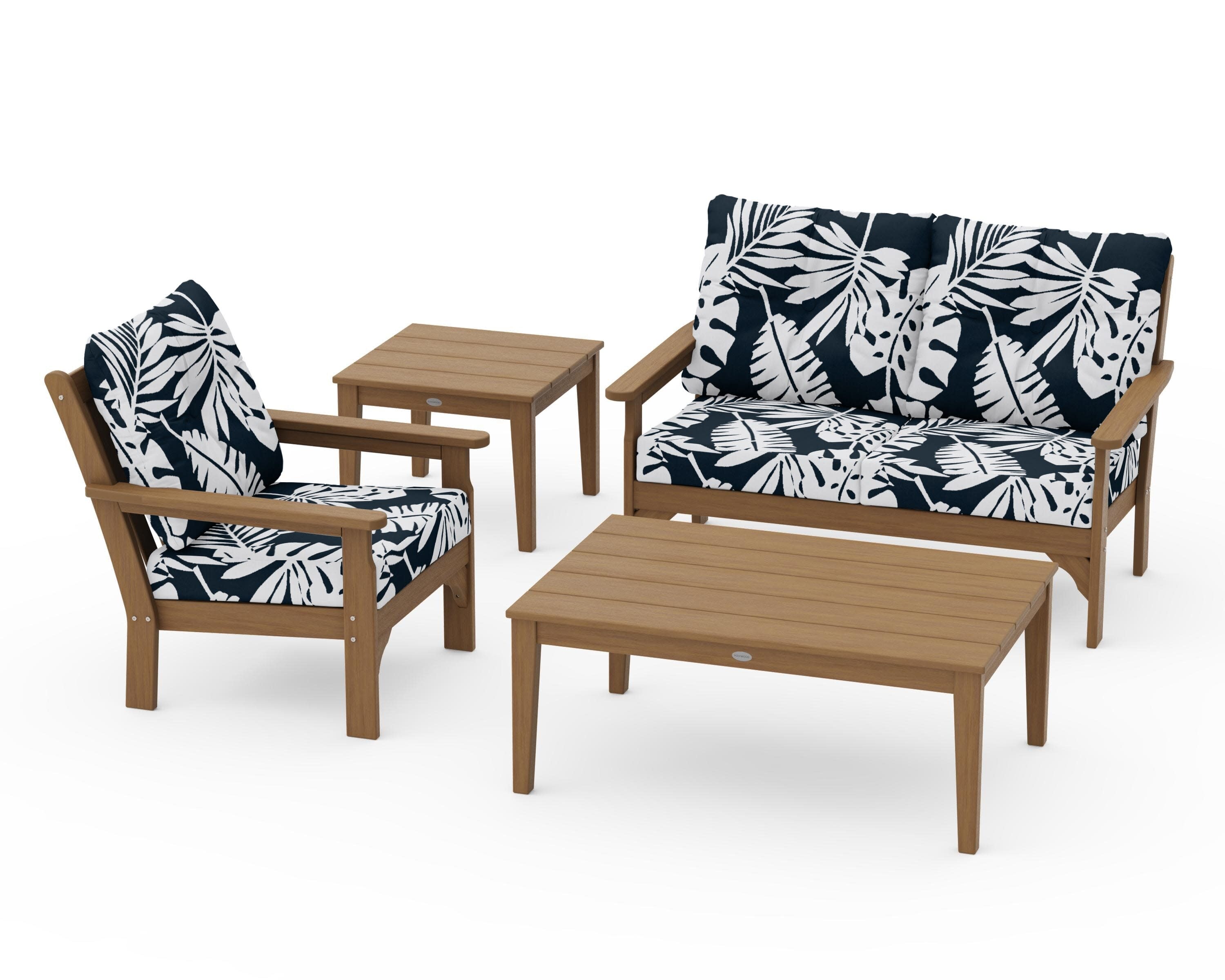 Vineyard 4-Piece Deep Seating Set in Natural / Leaf Marine Indigo