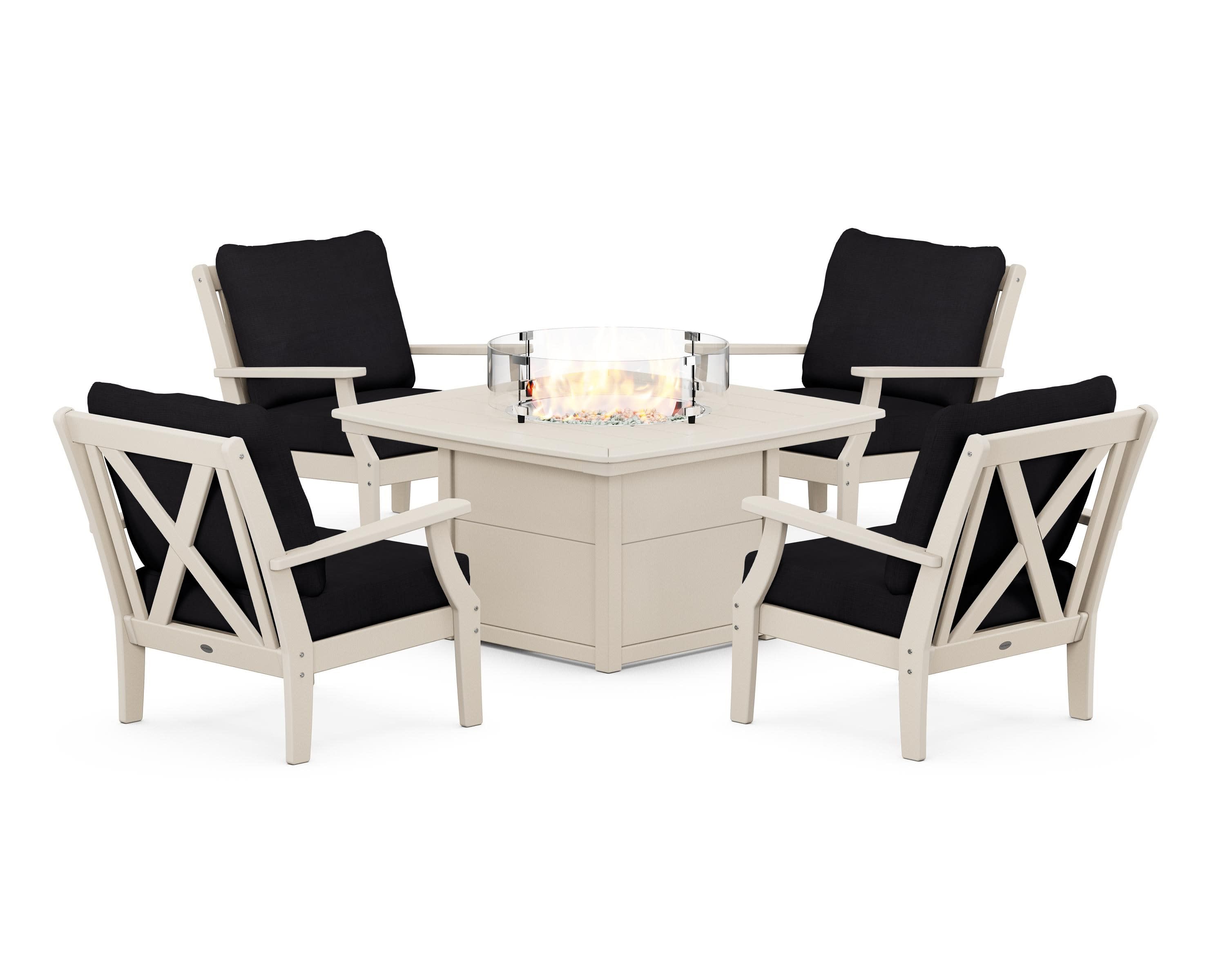 Braxton 5-Piece Deep Seating Conversation Set with Fire Pit Table in Sand / Midnight Linen