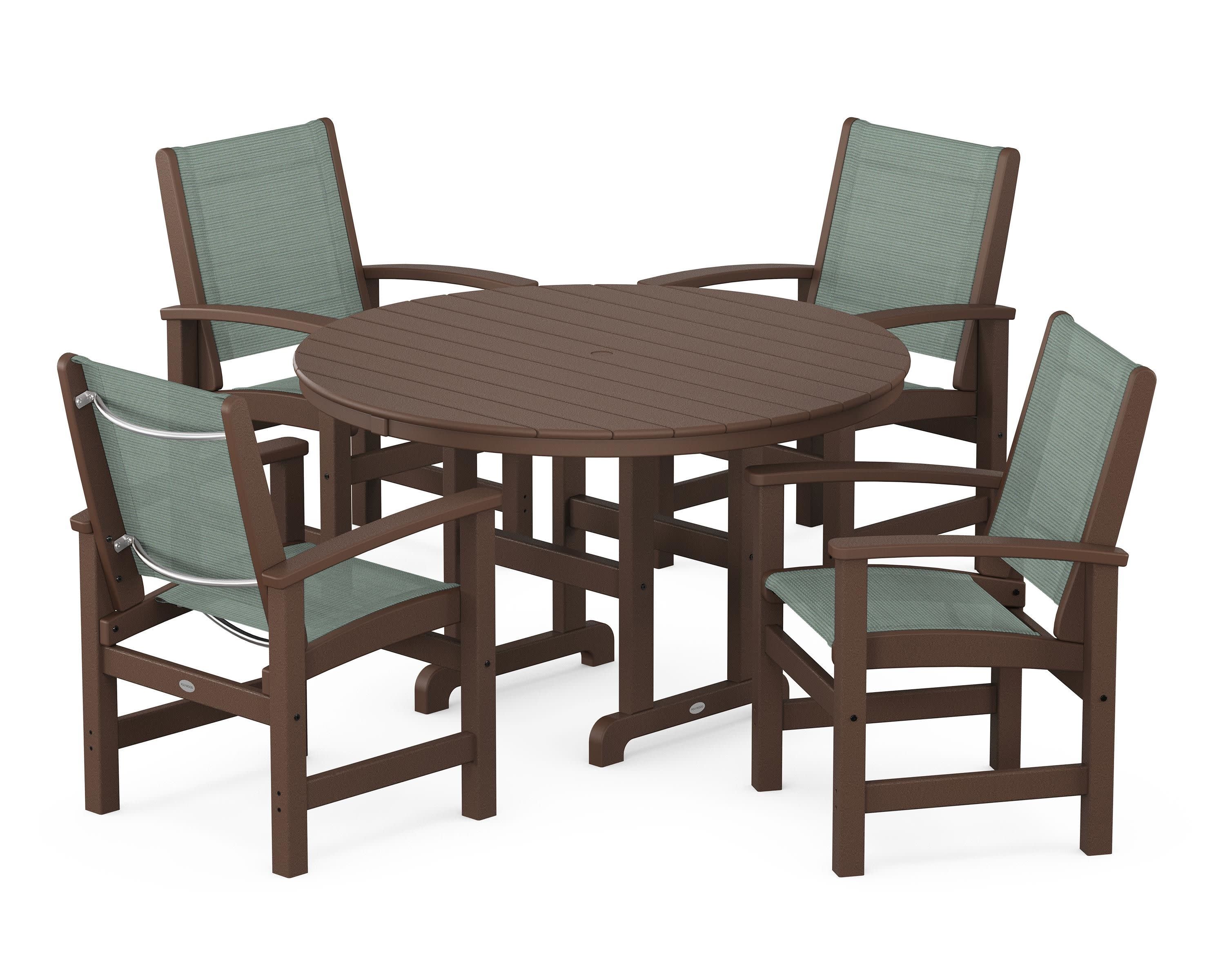 Coastal 5-Piece Round Farmhouse Dining Set in Mahogany / Dupioni Sea Mist Sling