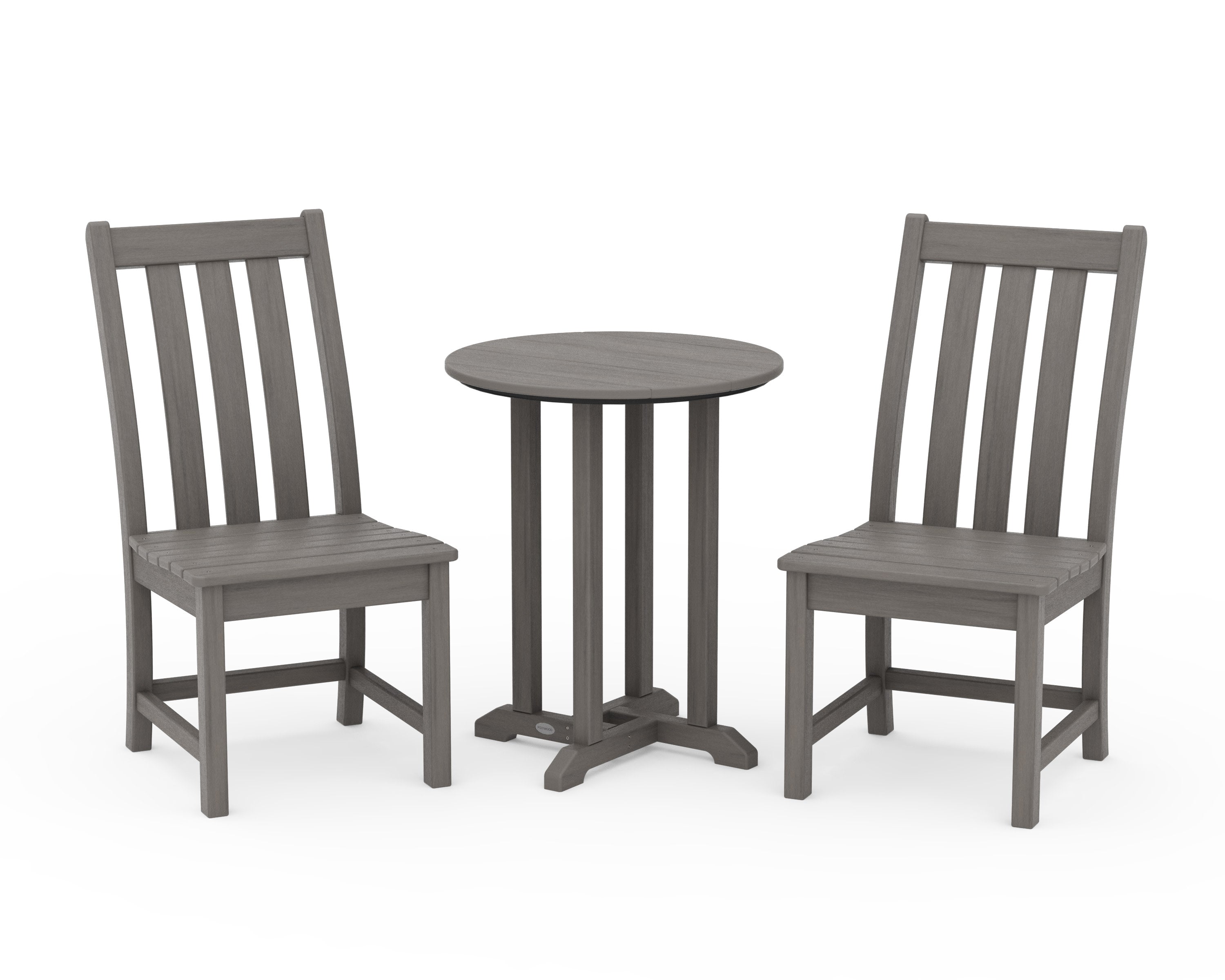 Vineyard Side Chair 3-Piece Round Bistro Dining Set in Driftwood