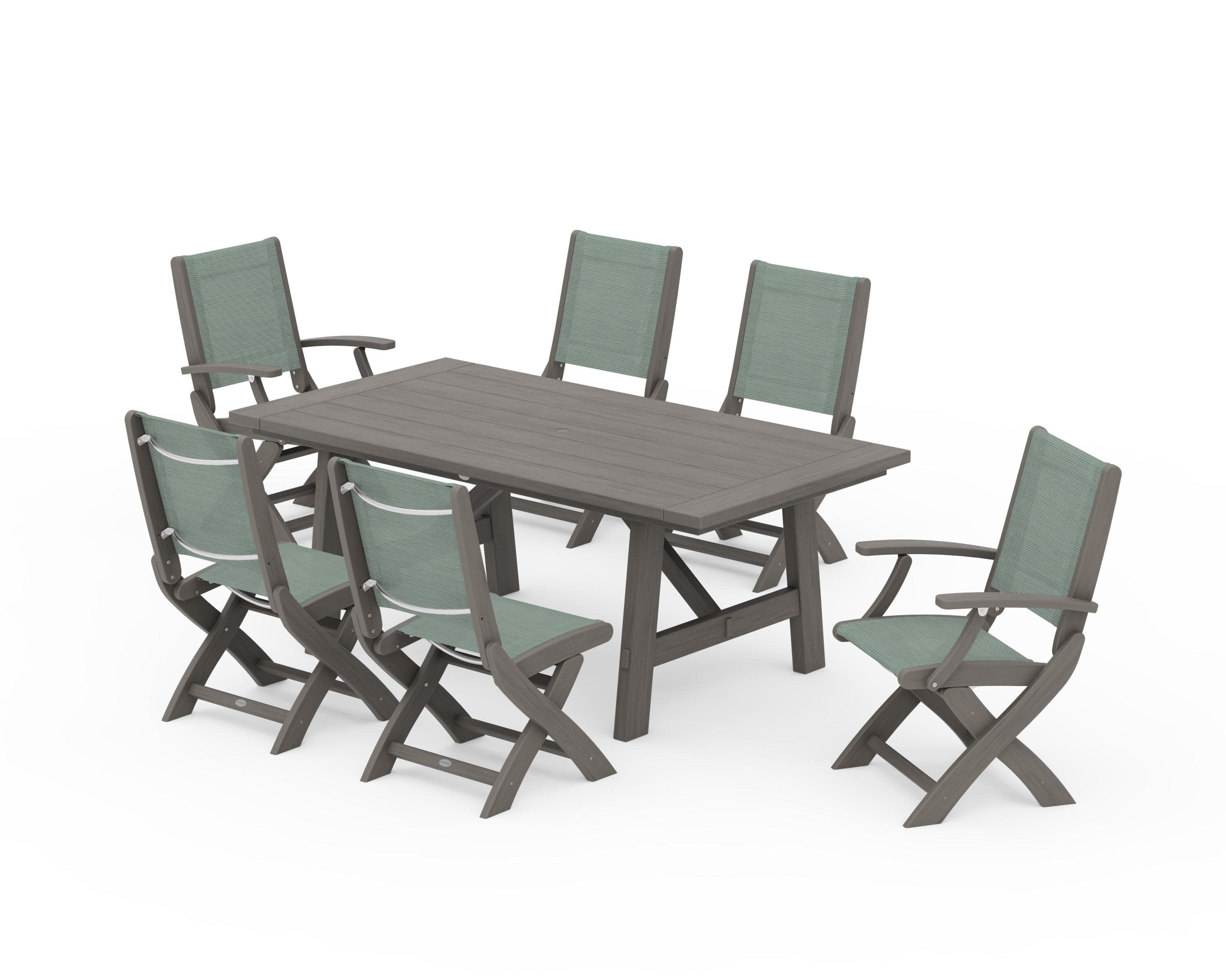 Coastal Folding Chair 7-Piece Rustic Farmhouse Dining Set in Driftwood / Dupioni Sea Mist Sling