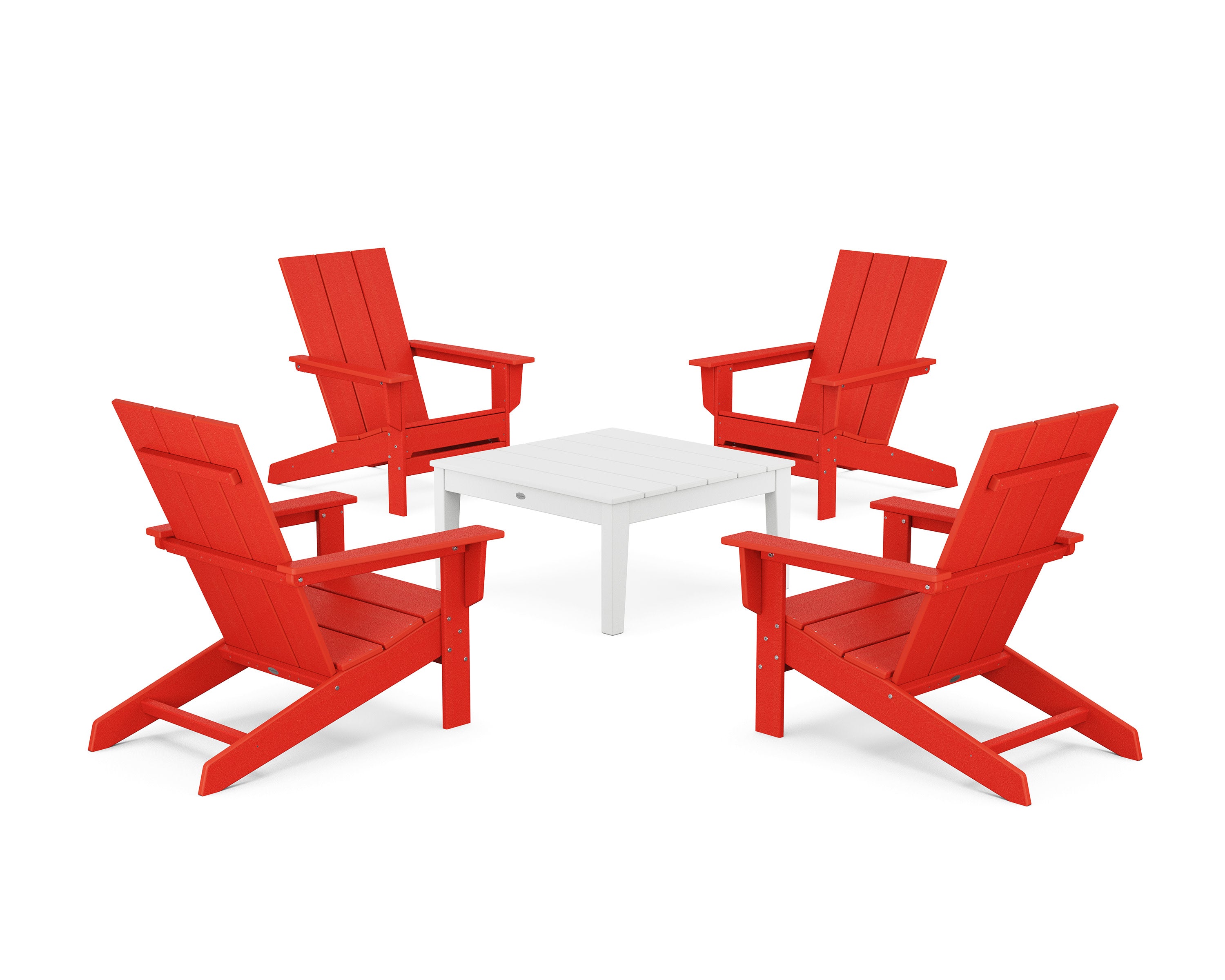 5-Piece Modern Studio Adirondack Chair Conversation Group in Sunset Red / White