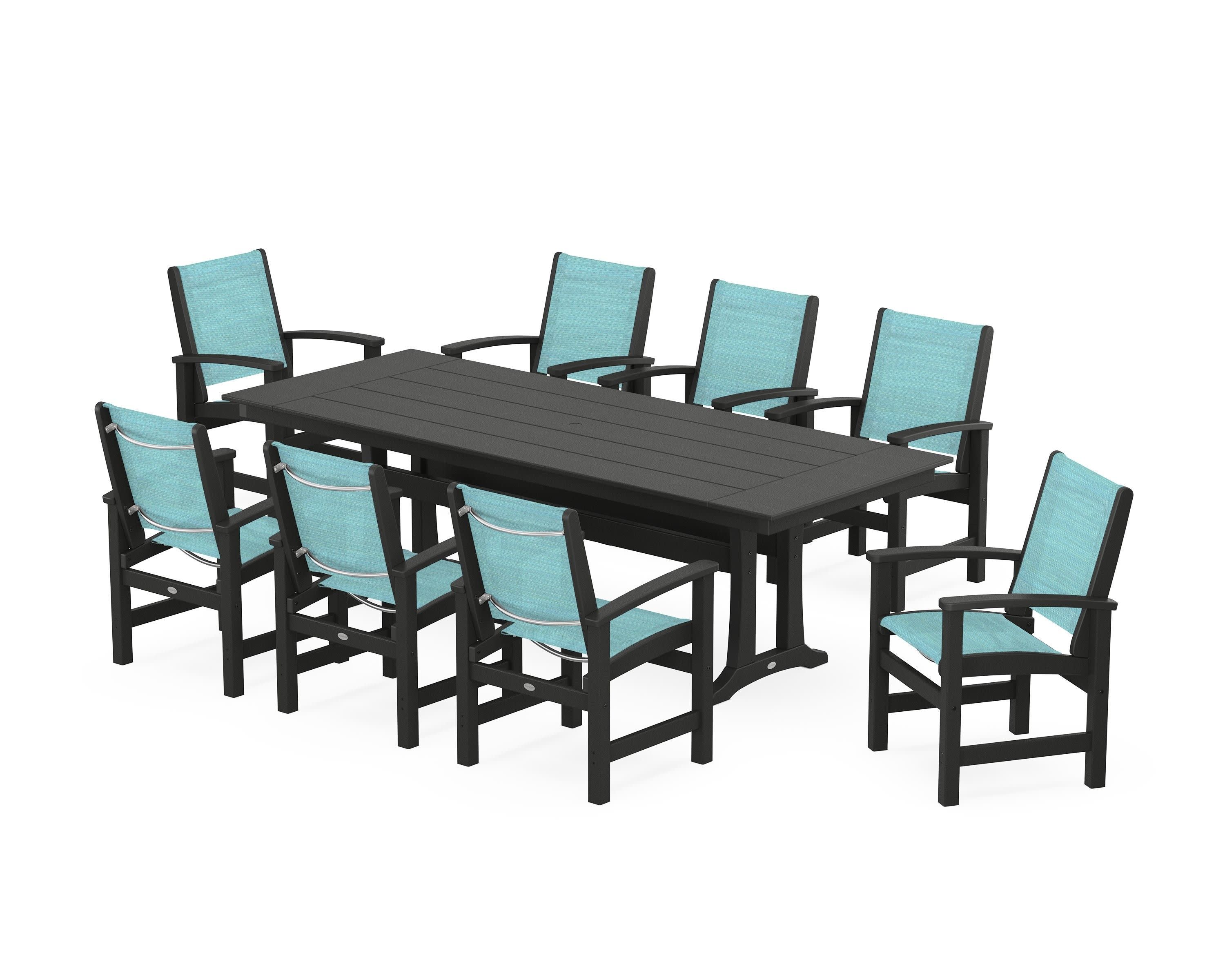 Coastal 9-Piece Farmhouse Dining Set with Trestle Legs in Black / Dupioni Aquamarine Sling