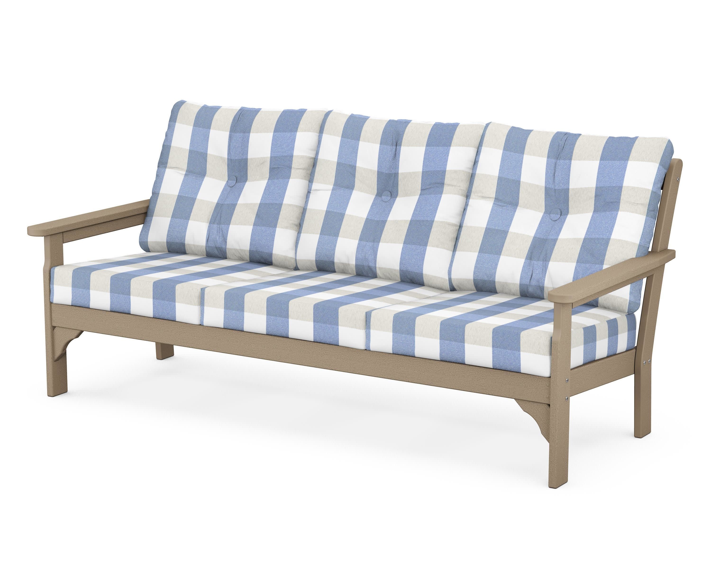 Vineyard Deep Seating Sofa in Vintage Sahara / Buffalo Plaid Sky Blue