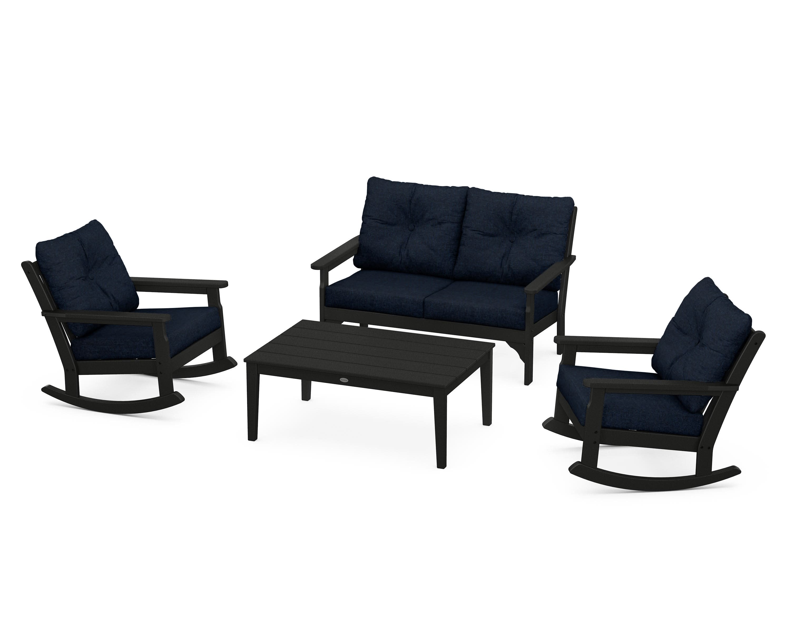 Vineyard 4-Piece Deep Seating Rocking Chair Set in Black / Marine Indigo