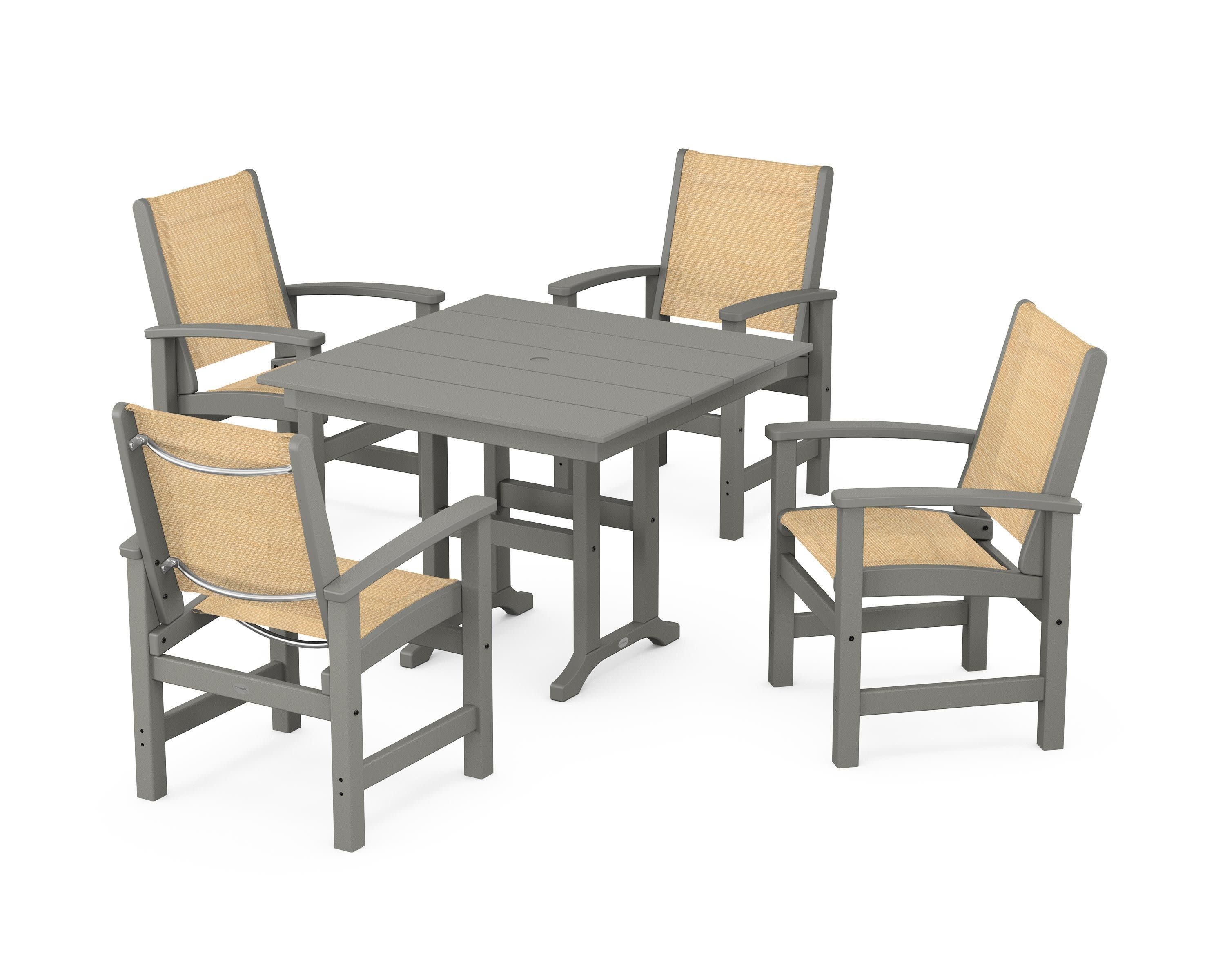 Coastal 5-Piece Farmhouse Dining Set in Slate Grey / Dupioni Apricot Sling