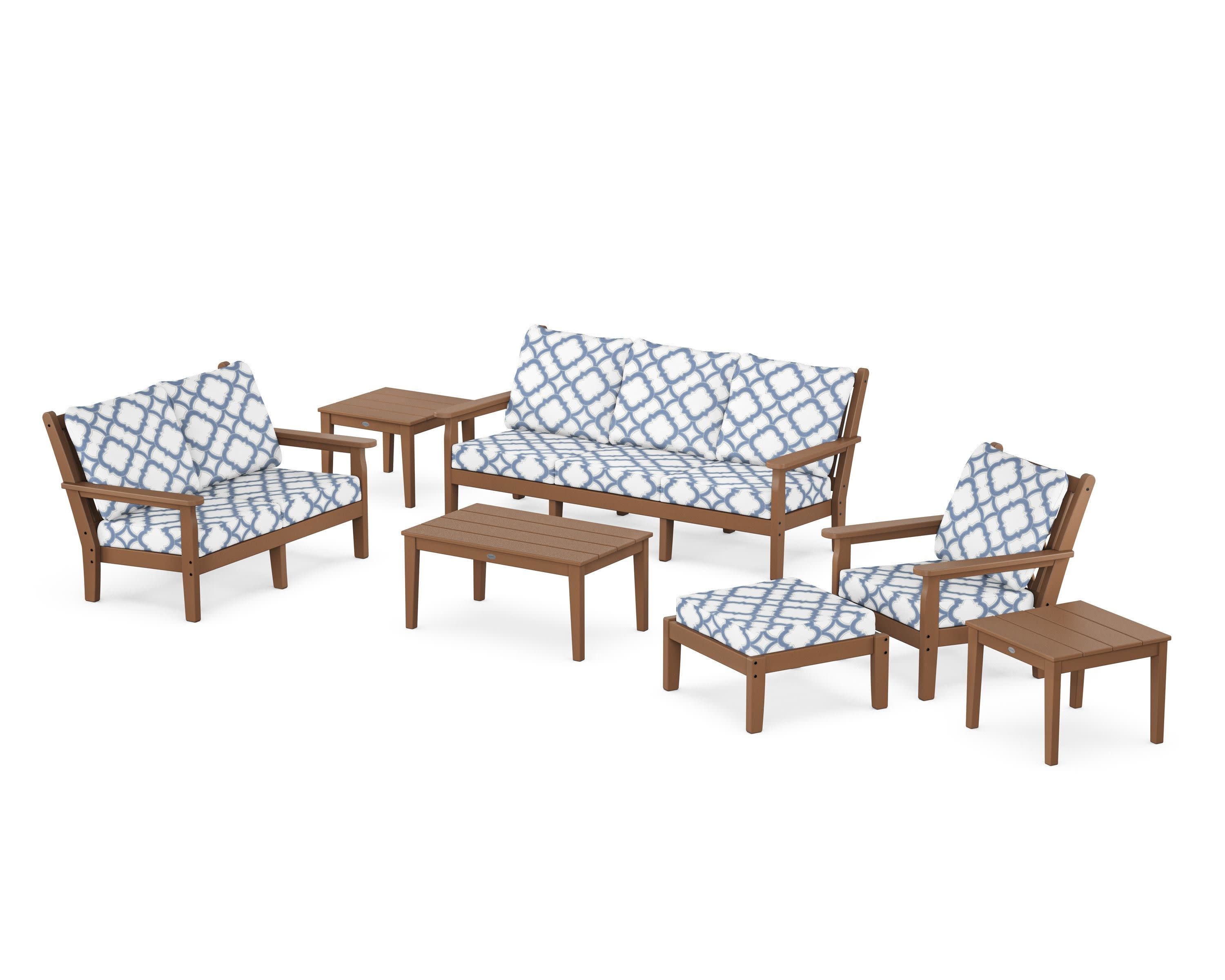 Chippendale 7-Piece Deep Seating Set in Teak / Trellis Sky Blue