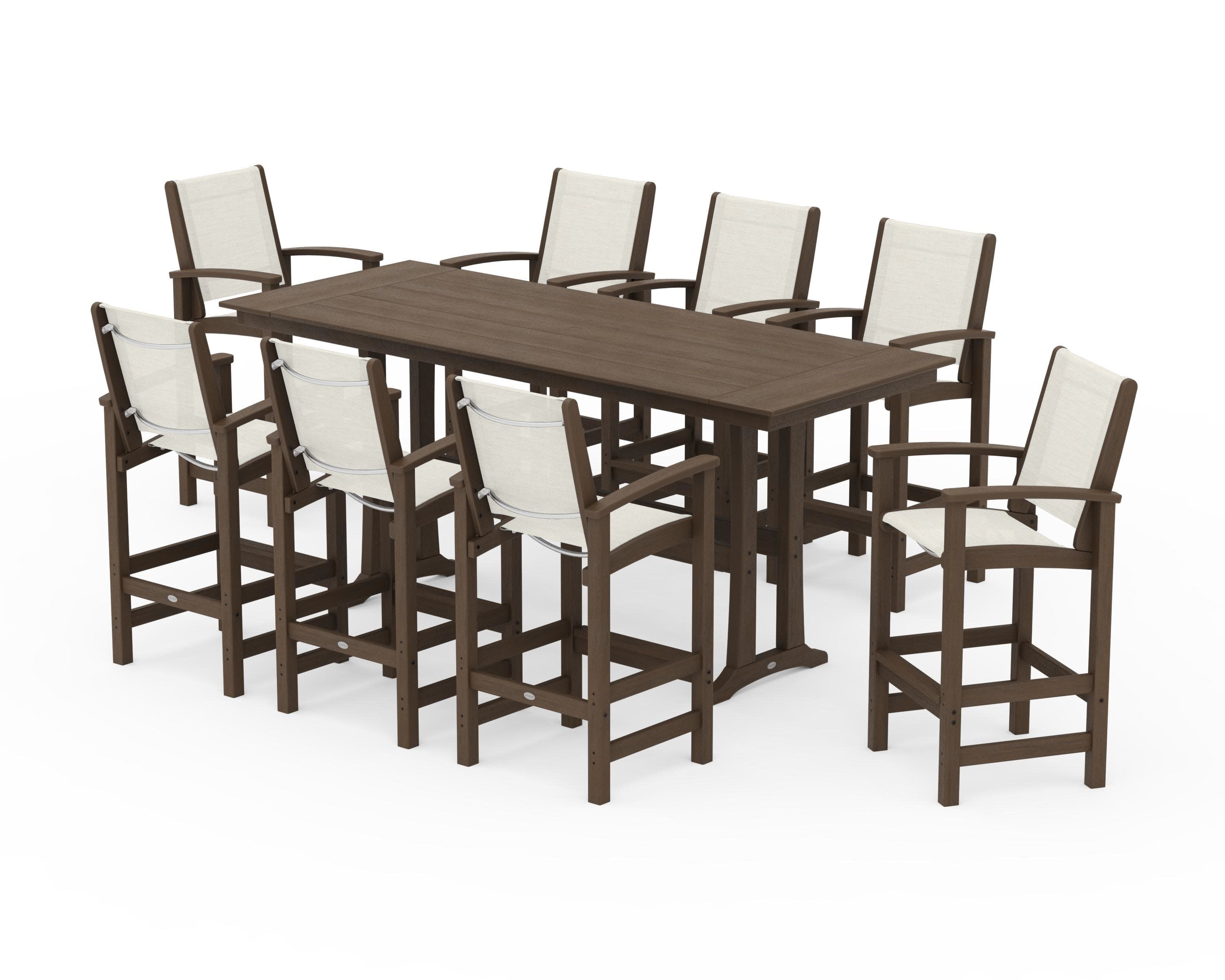 Coastal 9-Piece Farmhouse Bar Set with Trestle Legs in Kona / Parchment Sling