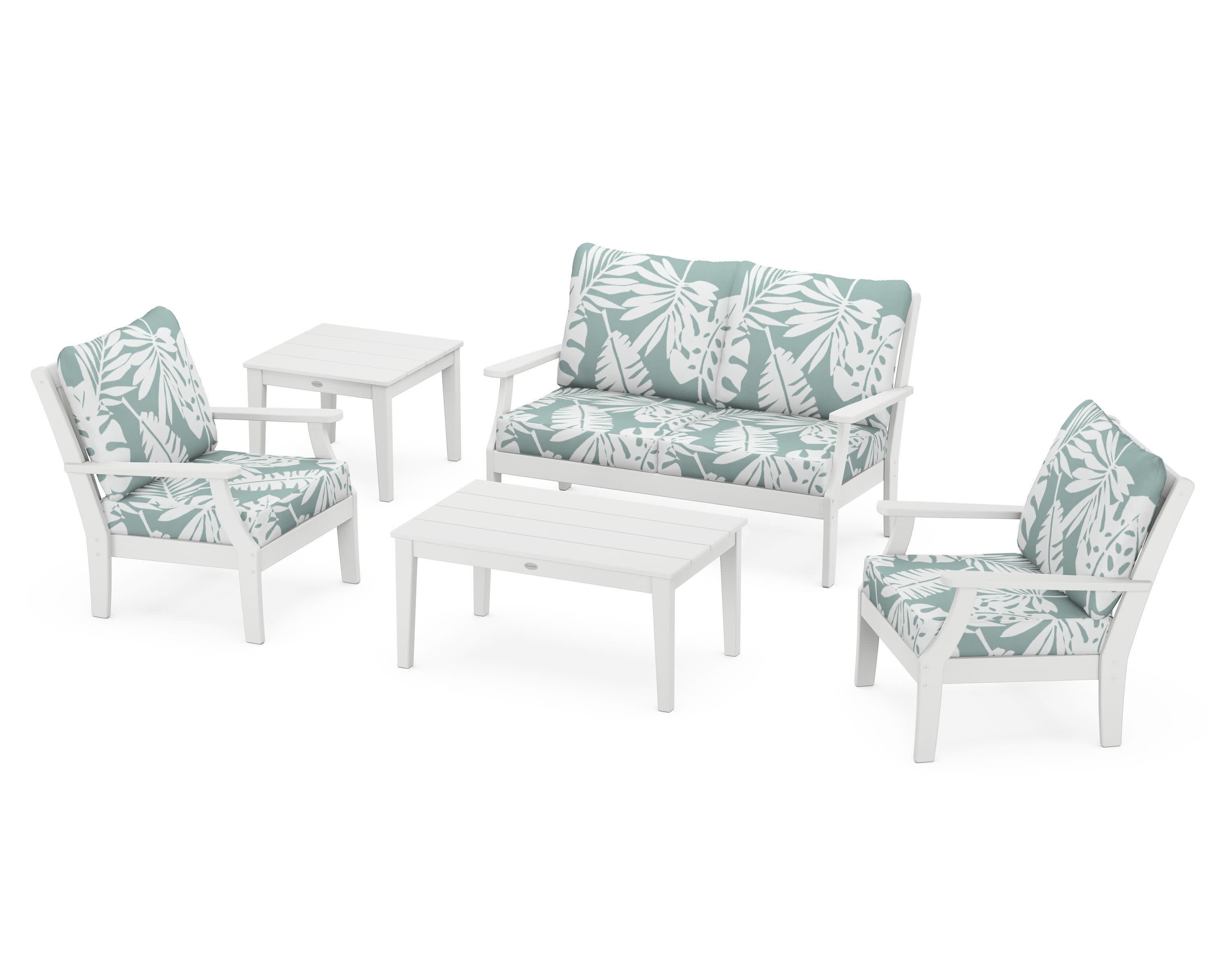 Braxton 5-Piece Deep Seating Set in White / Leaf Glacier Spa