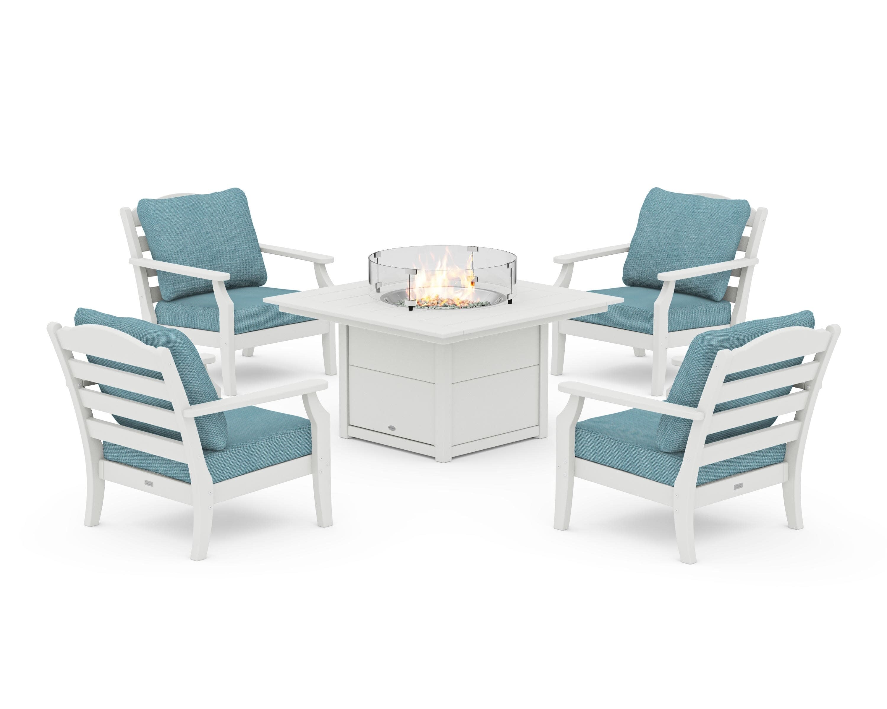 Savannah 5-Piece Deep Seating Set with Fire Pit Table in Vintage White / Lattice Sky Blue