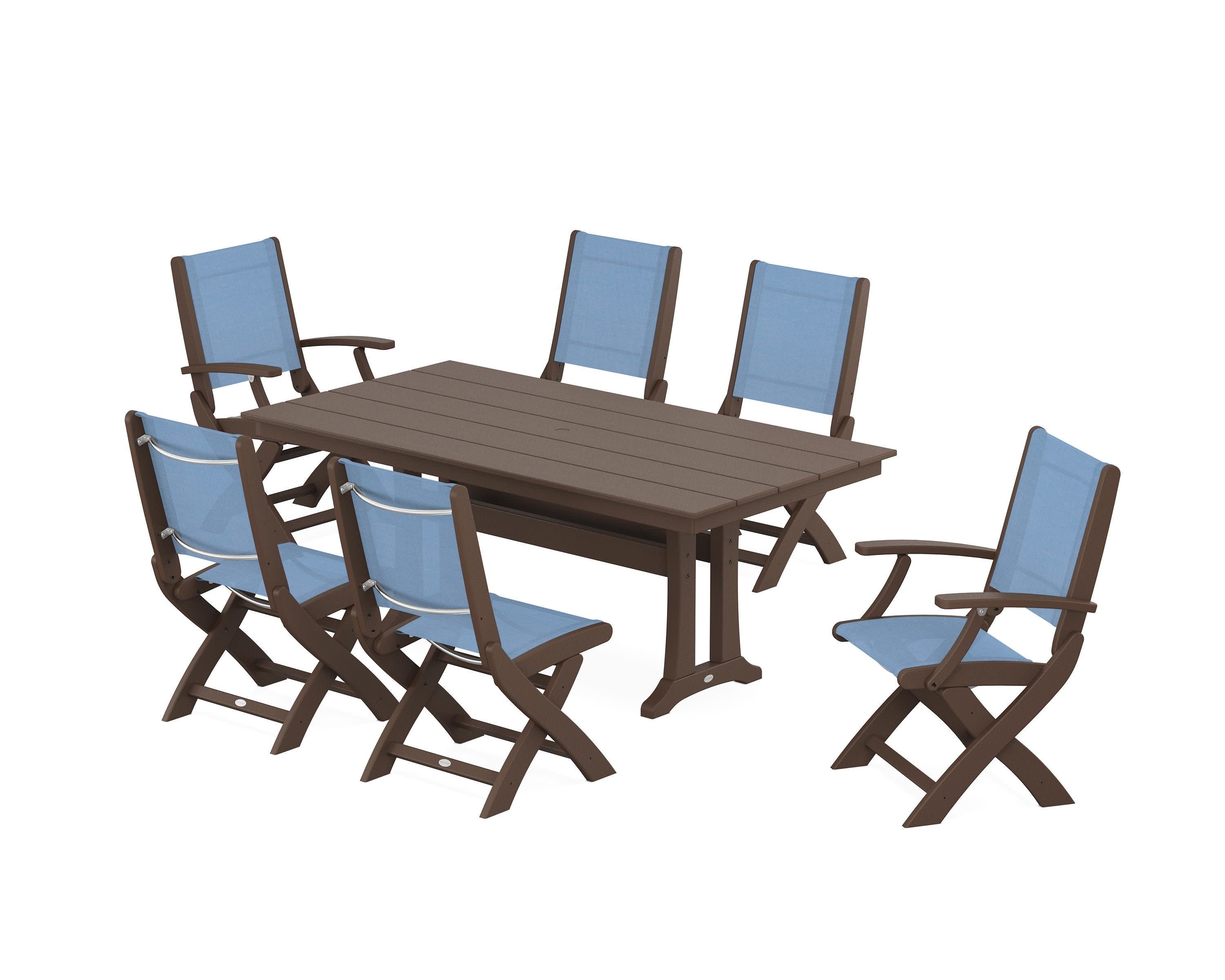 Coastal Folding Chair 7-Piece Farmhouse Dining Set with Trestle Legs in Mahogany / Poolside Sling