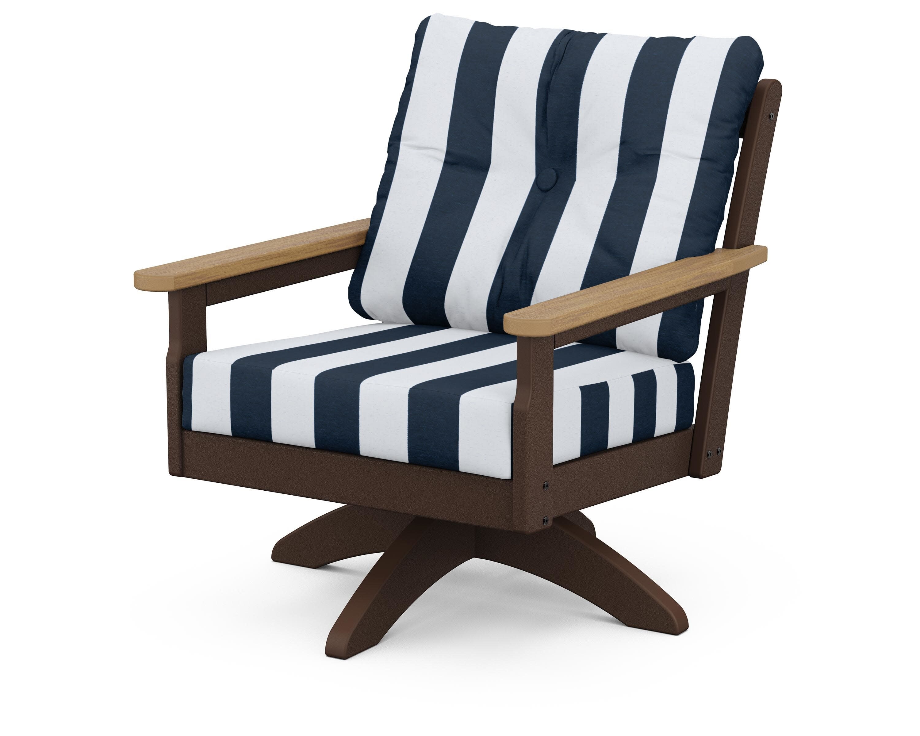 Vineyard Deep Seating Swivel Chair in Mahogany / Natural / Cabana Stripe Marine Indigo