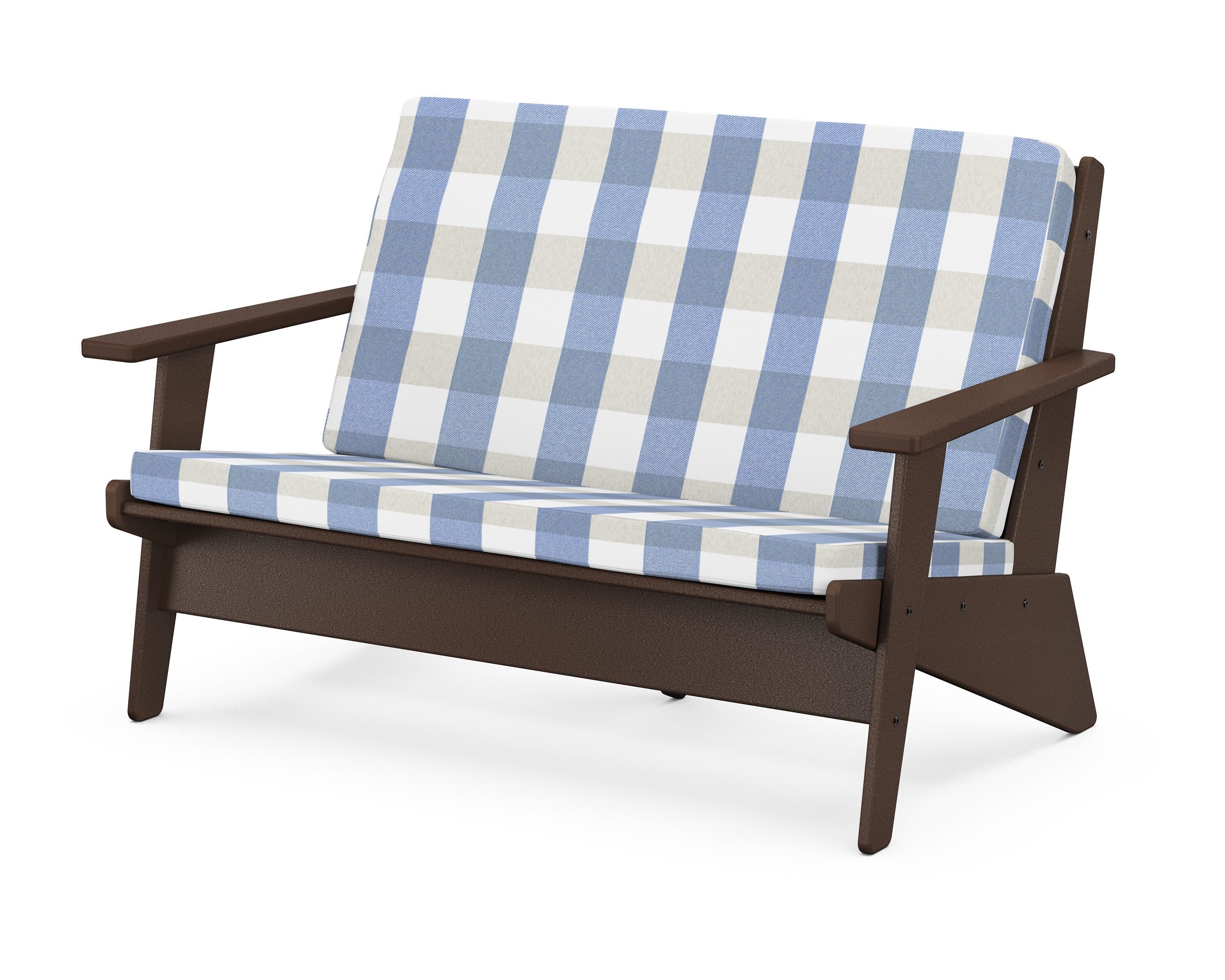 Riviera Modern Lounge Loveseat in Mahogany / Buffalo Plaid Sky Blue