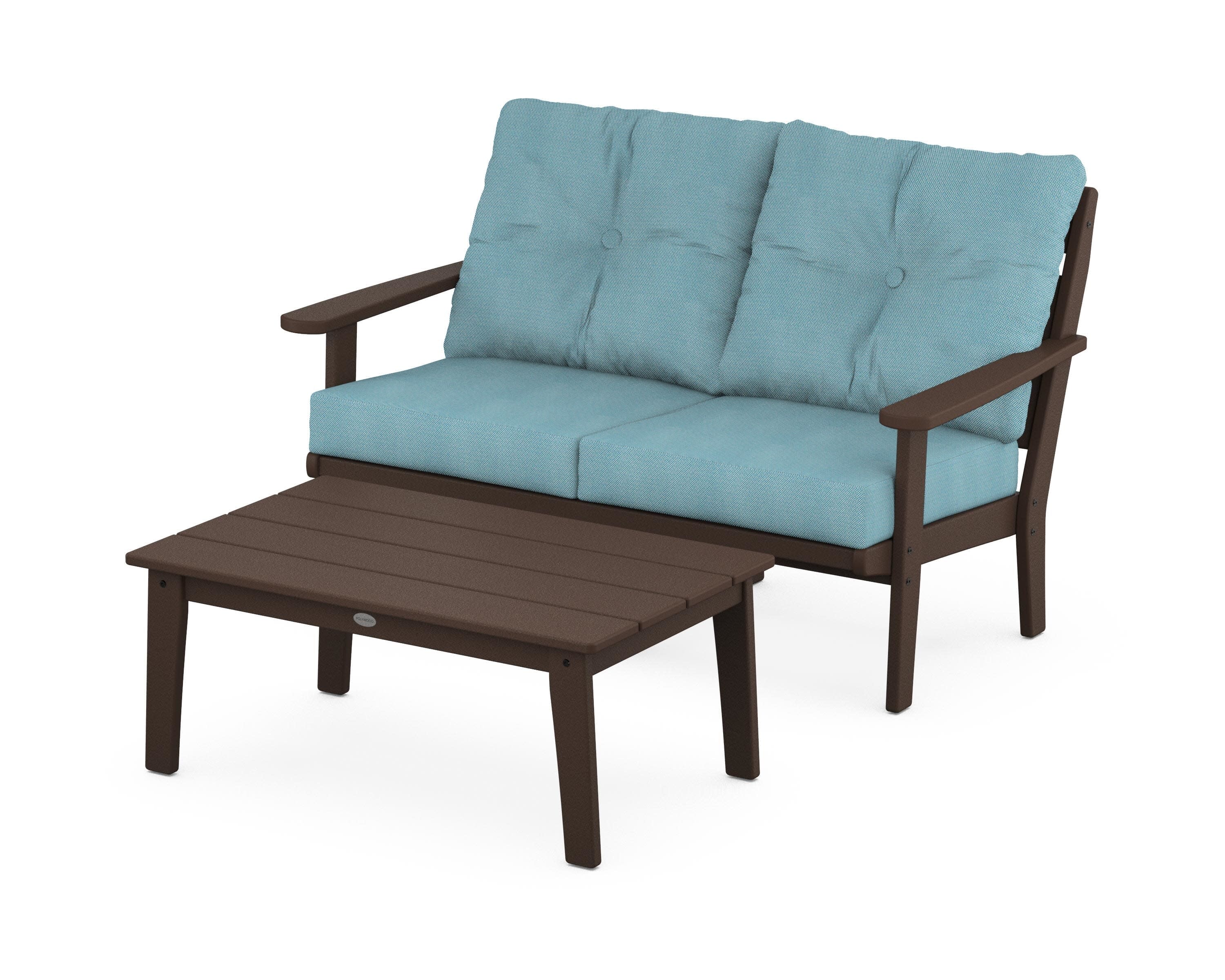 Lakeside 2-Piece Lounge Loveseat Set in Mahogany / Lattice Sky Blue