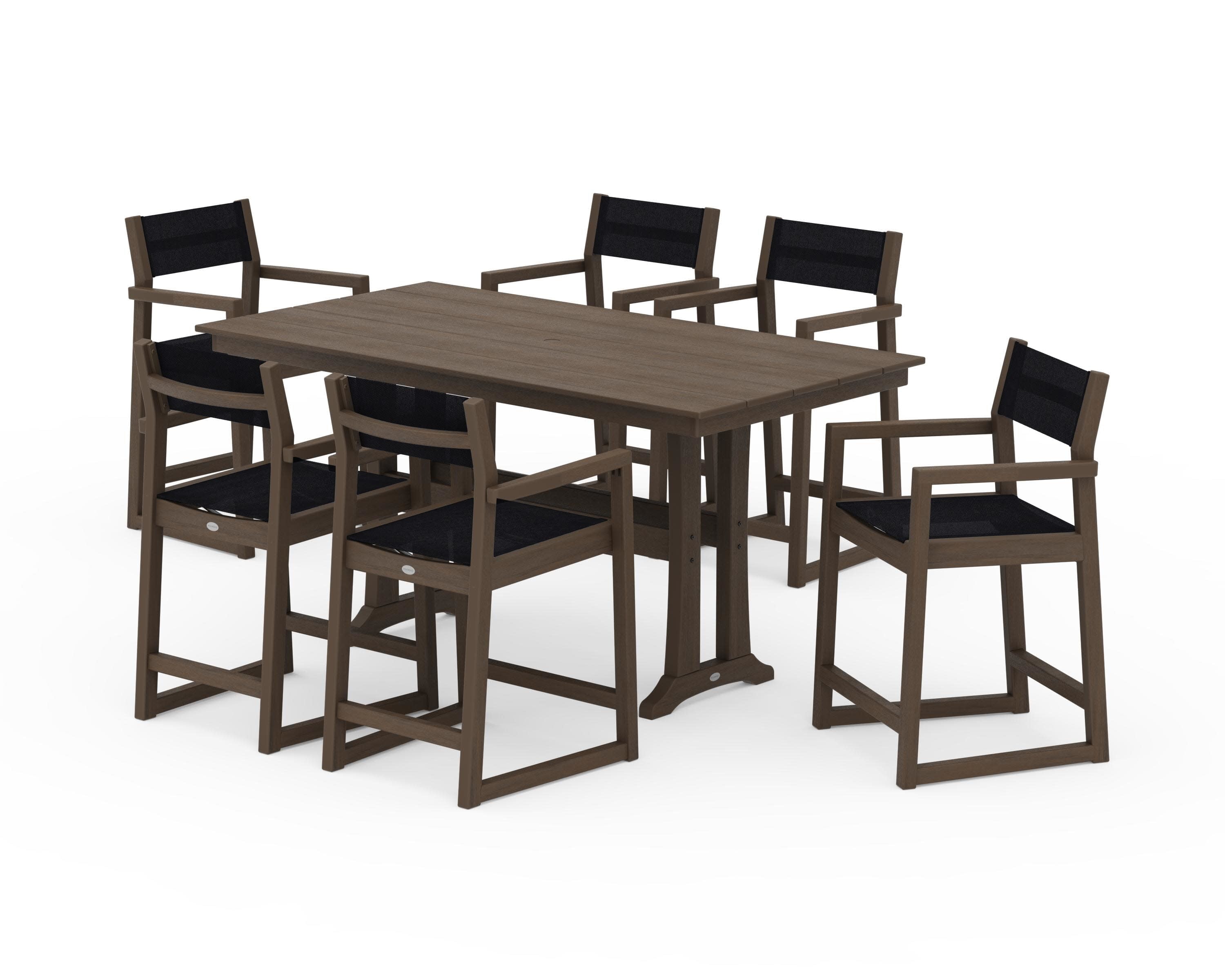 EDGE Sling Arm Chair 7-Piece Farmhouse Counter Set with Trestle Legs in Kona / Black Sling