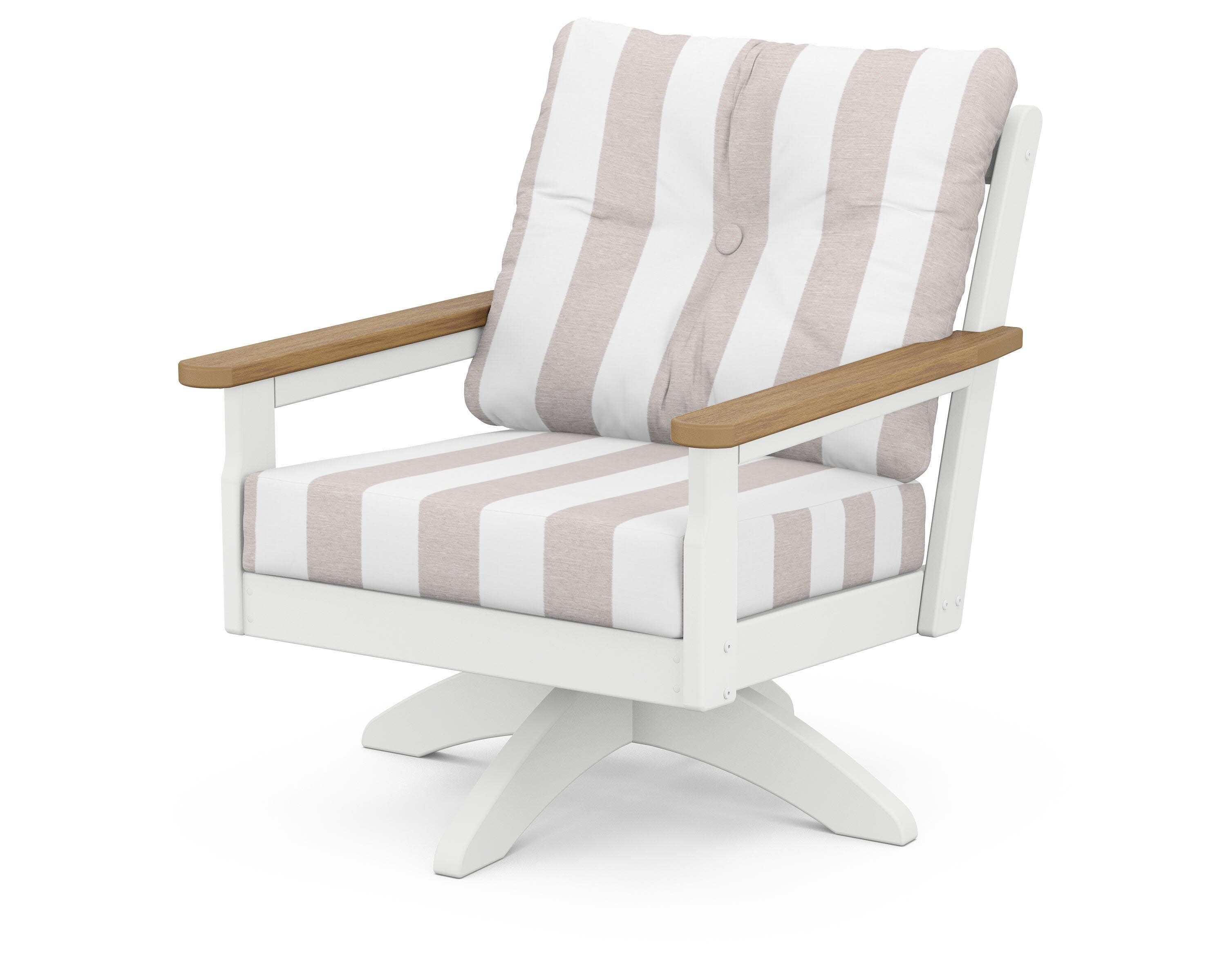 Vineyard Deep Seating Swivel Chair in White / Natural / Cabana Stripe Dune Burlap