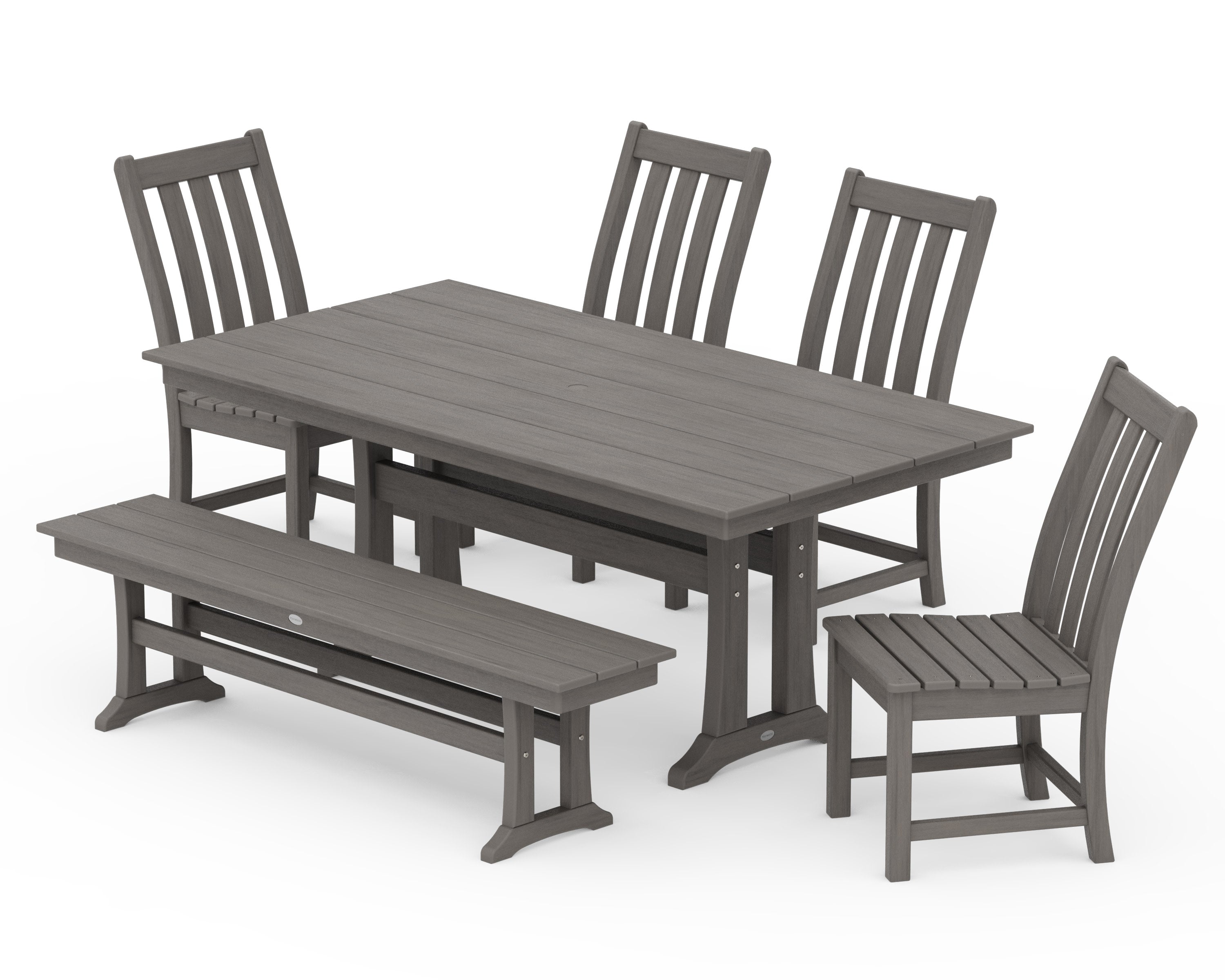 Vineyard Side Chair 6-Piece Farmhouse Dining Set with Trestle Legs and Bench in Driftwood