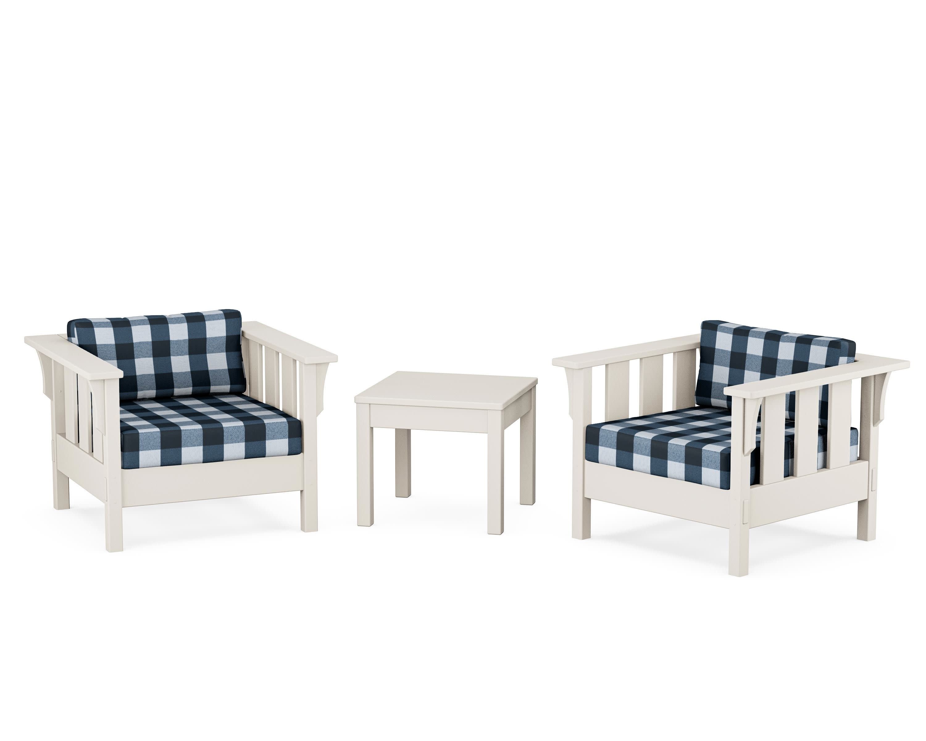 Acadia 3-Piece Deep Seating Set in Sand / Buffalo Plaid Marine Indigo