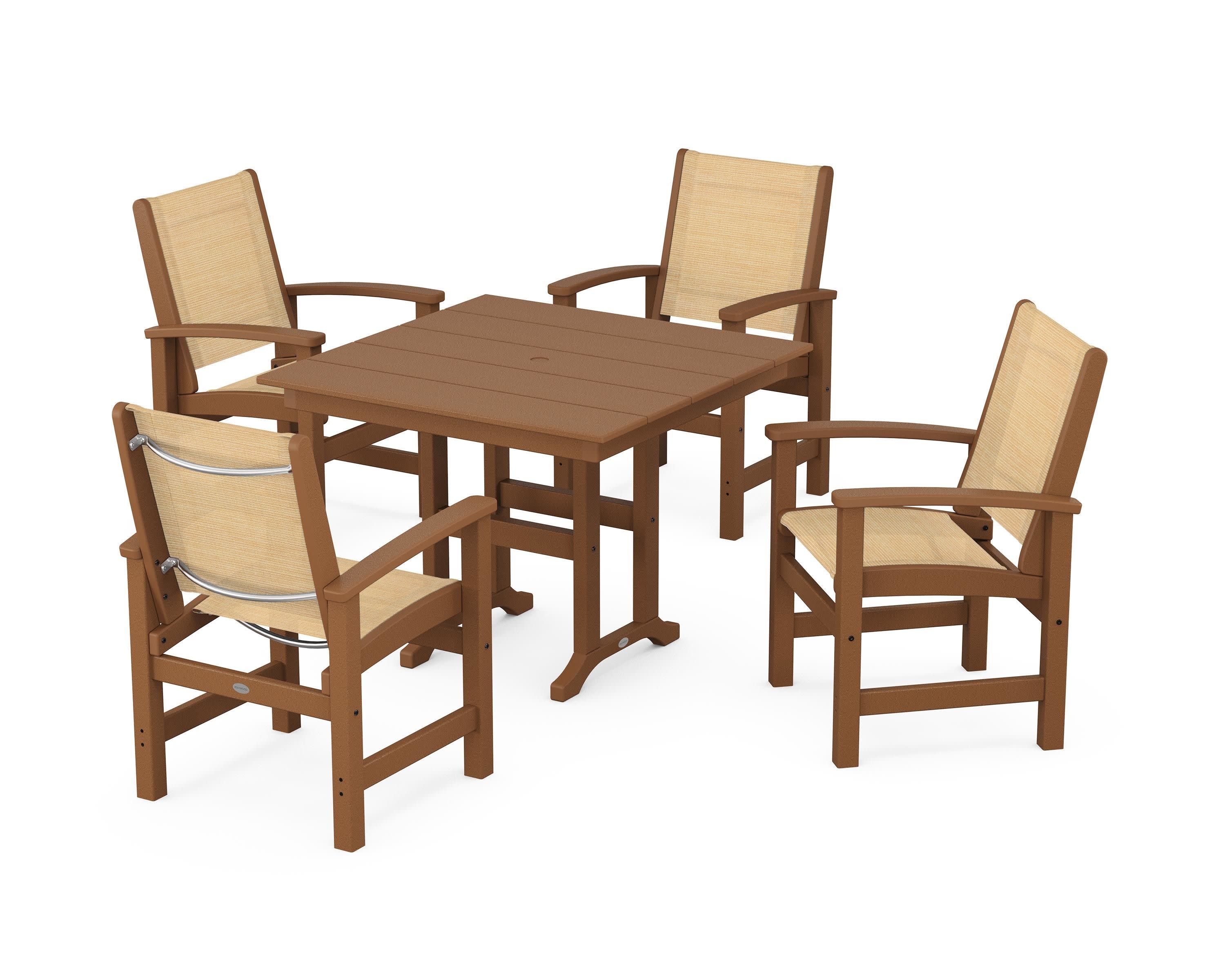 Coastal 5-Piece Farmhouse Dining Set in Teak / Dupioni Apricot Sling