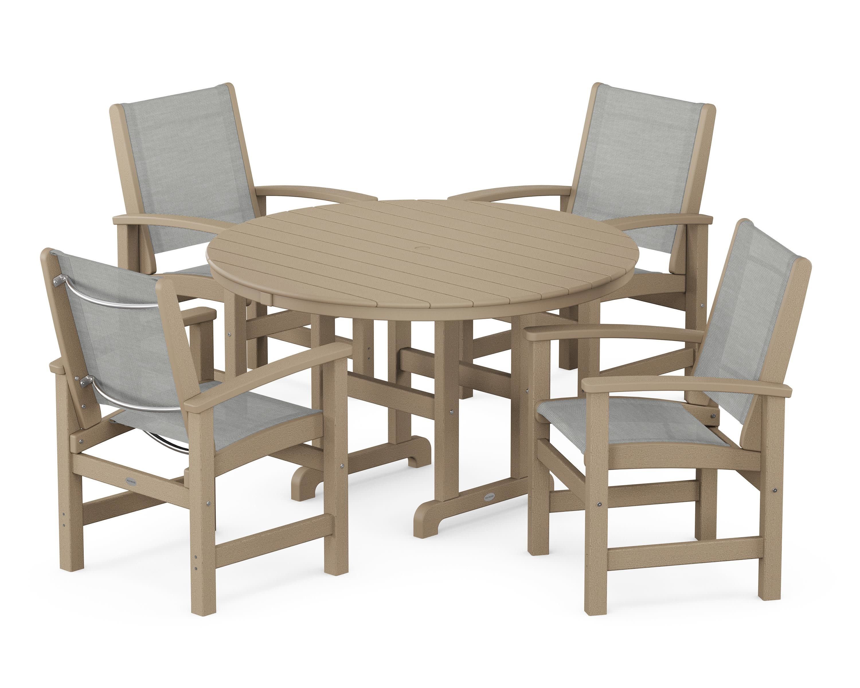 Coastal 5-Piece Round Farmhouse Dining Set in Vintage Sahara / Metallic Sling
