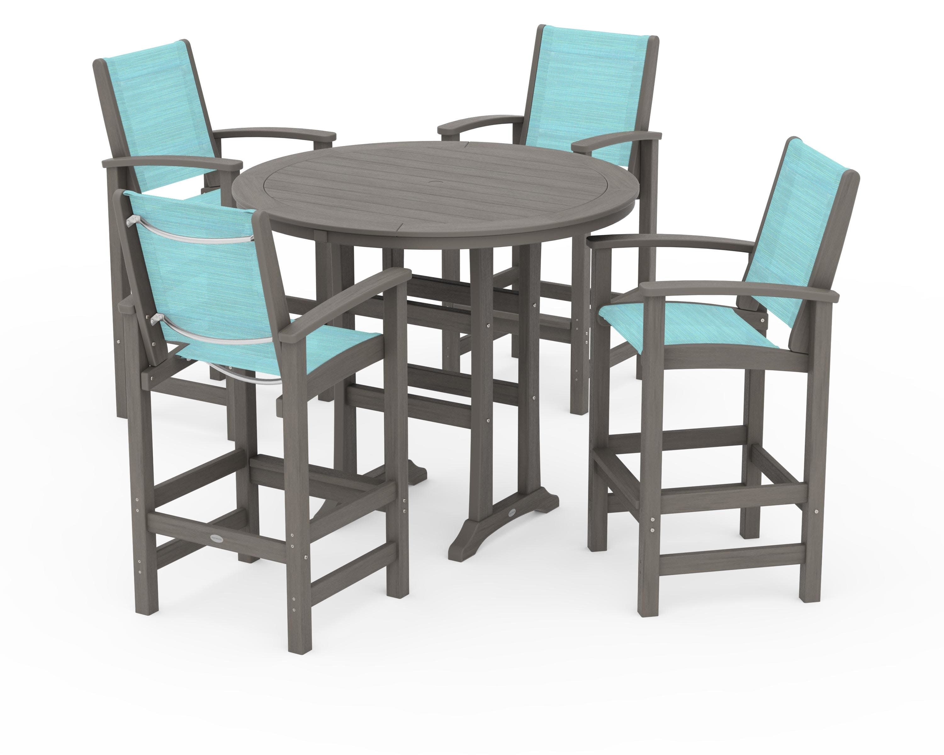 Coastal 5-Piece Nautical Trestle Bar Set in Driftwood / Dupioni Aquamarine Sling