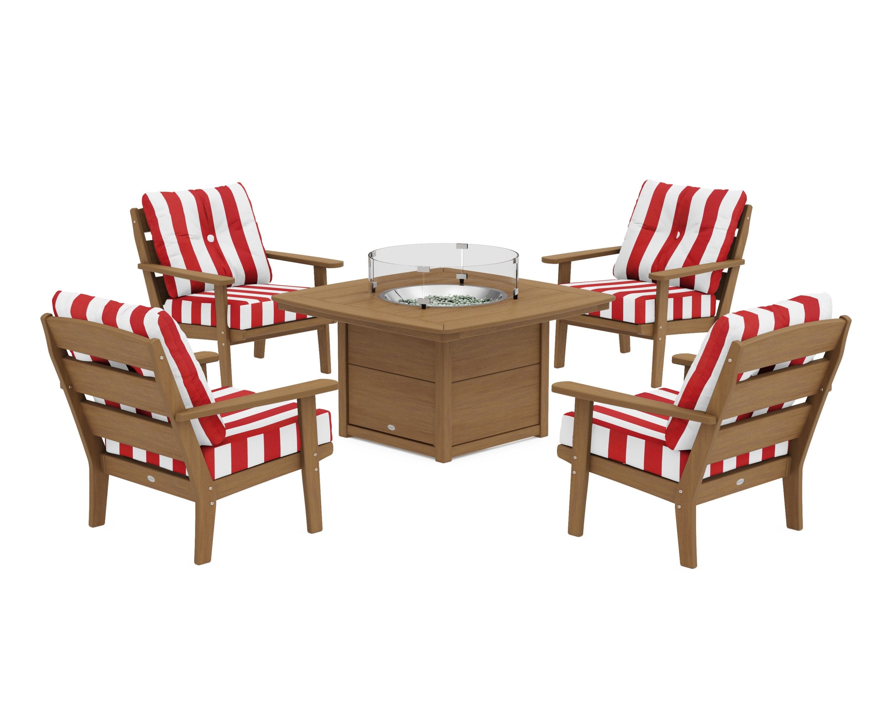 Lakeside 5-Piece Deep Seating Set with Nautical Fire Pit Table in Natural / Cabana Stripe Crimson
