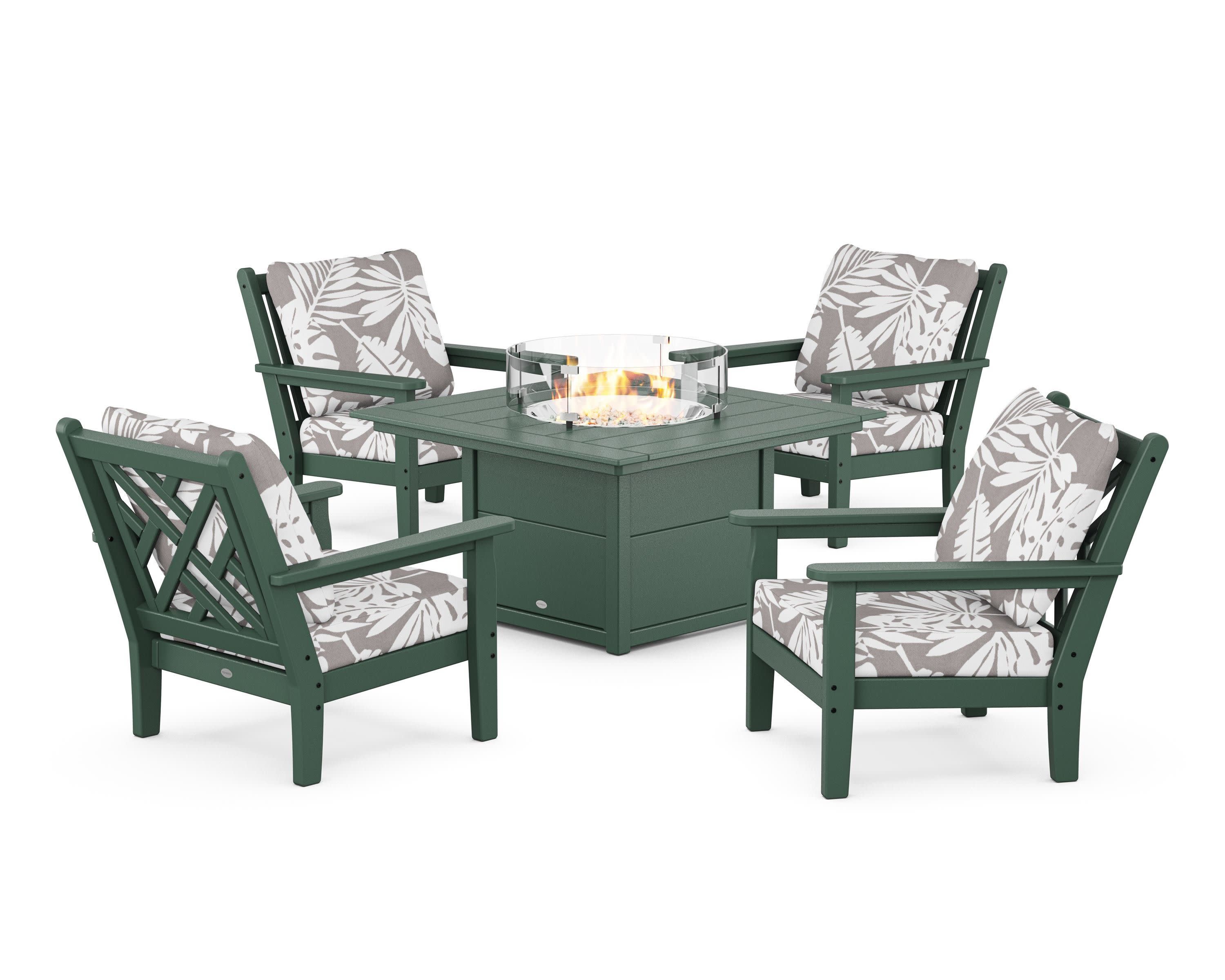 Chippendale 5-Piece Deep Seating Set with Fire Pit Table in Green / Leaf Grey Mist