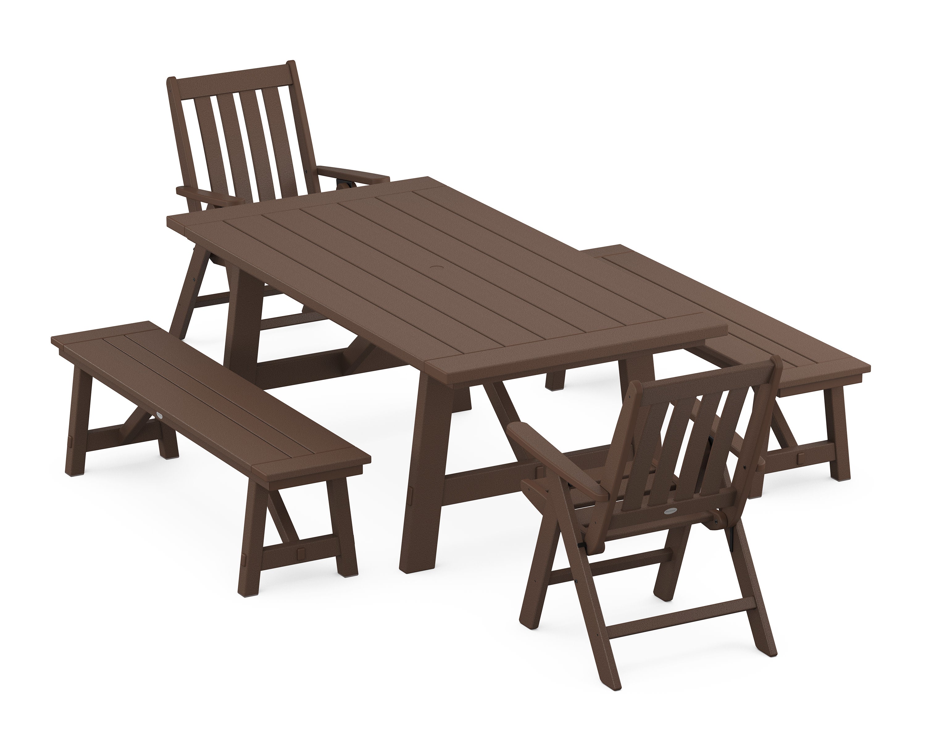 Vineyard Folding Chair 5-Piece Rustic Farmhouse Dining Set With Benches in Mahogany