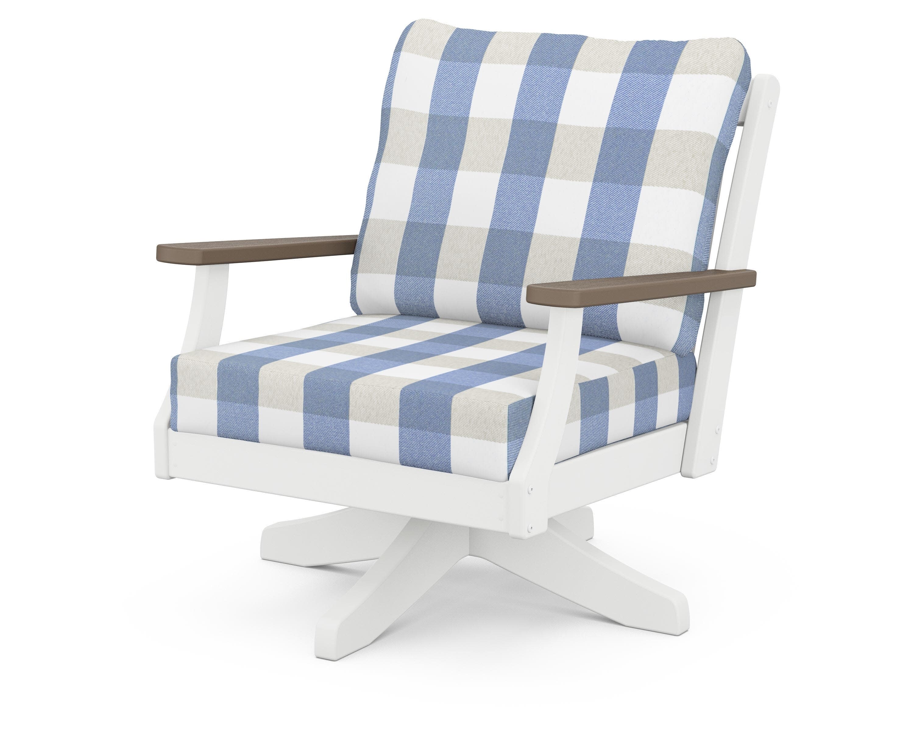Braxton Deep Seating Swivel Chair in White / Kona / Buffalo Plaid Sky Blue