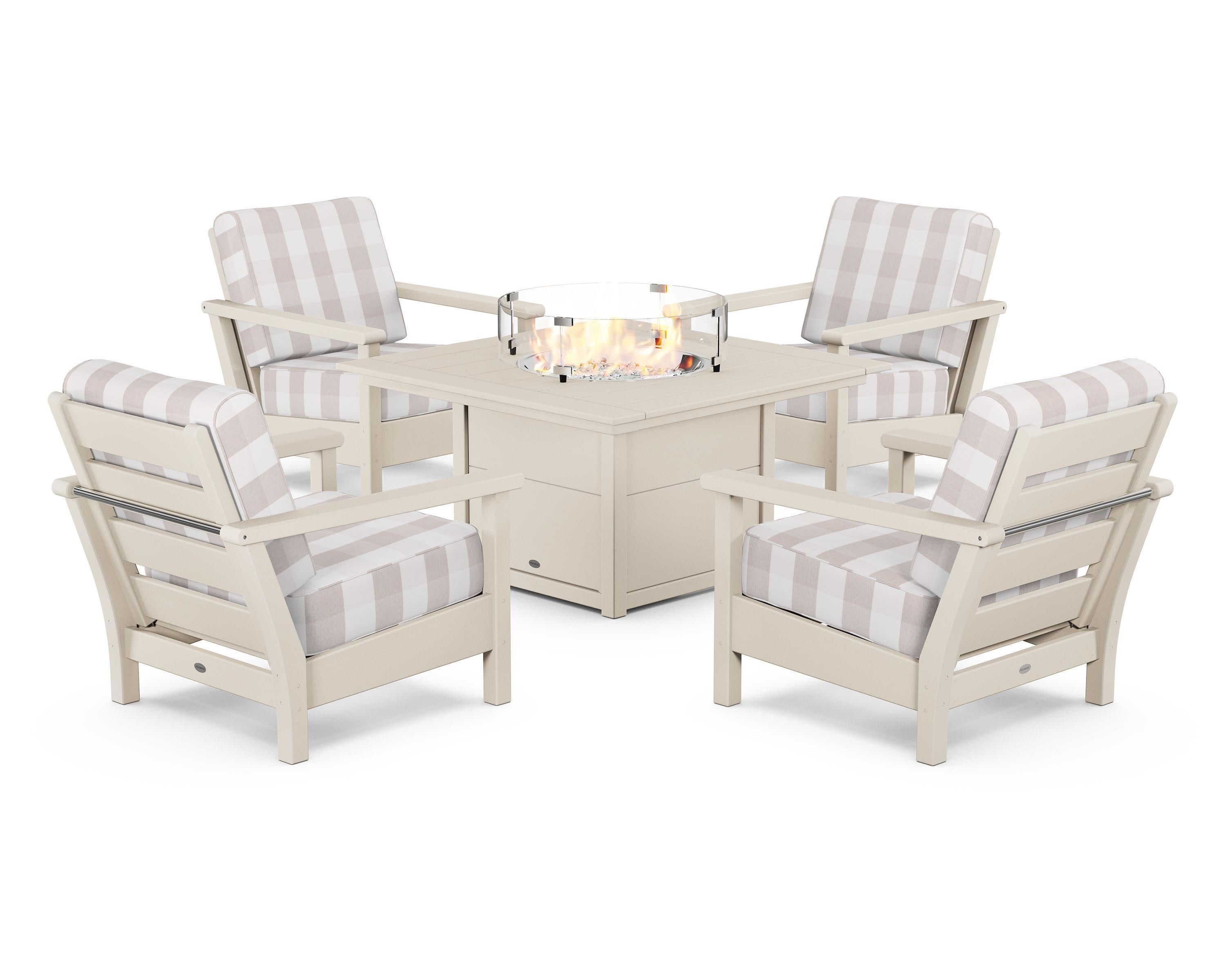 Harbour 5-Piece Conversation Set with Fire Pit Table in Sand / Buffalo Plaid Dune Burlap