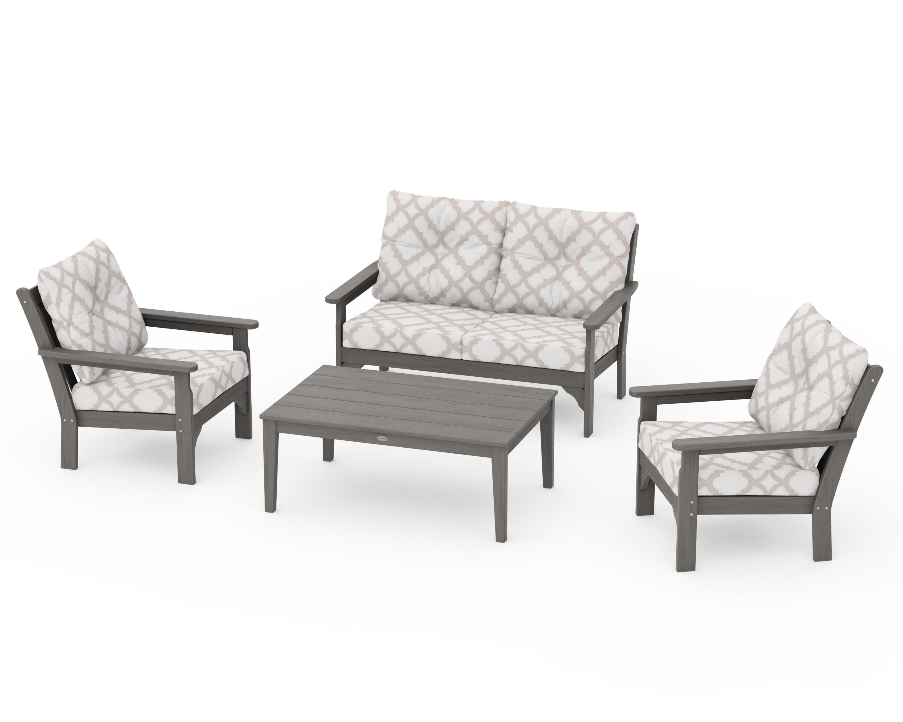 Vineyard 4-Piece Deep Seating Set in Driftwood / Trellis Dune Burlap