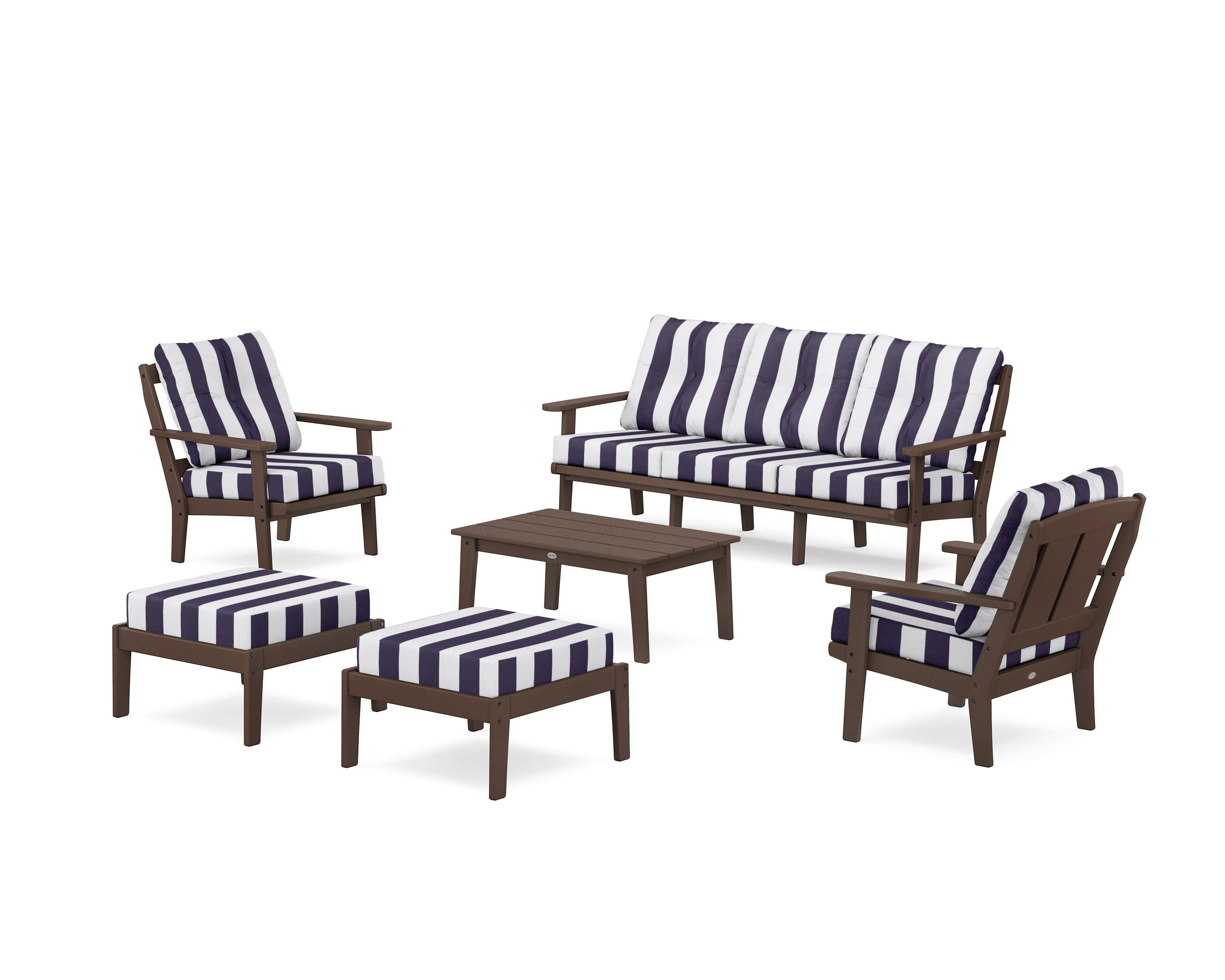 Mission 6-Piece Lounge Sofa Set in Mahogany / Cabana Stripe Navy