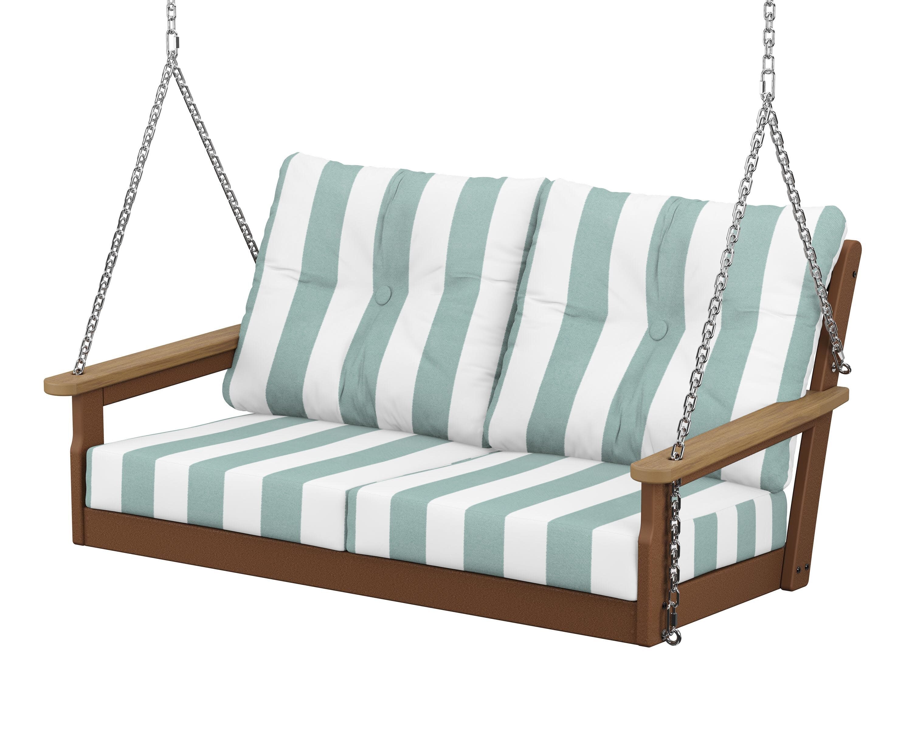 Vineyard Deep Seating Swing in Teak / Natural / Cabana Stripe Glacier Spa