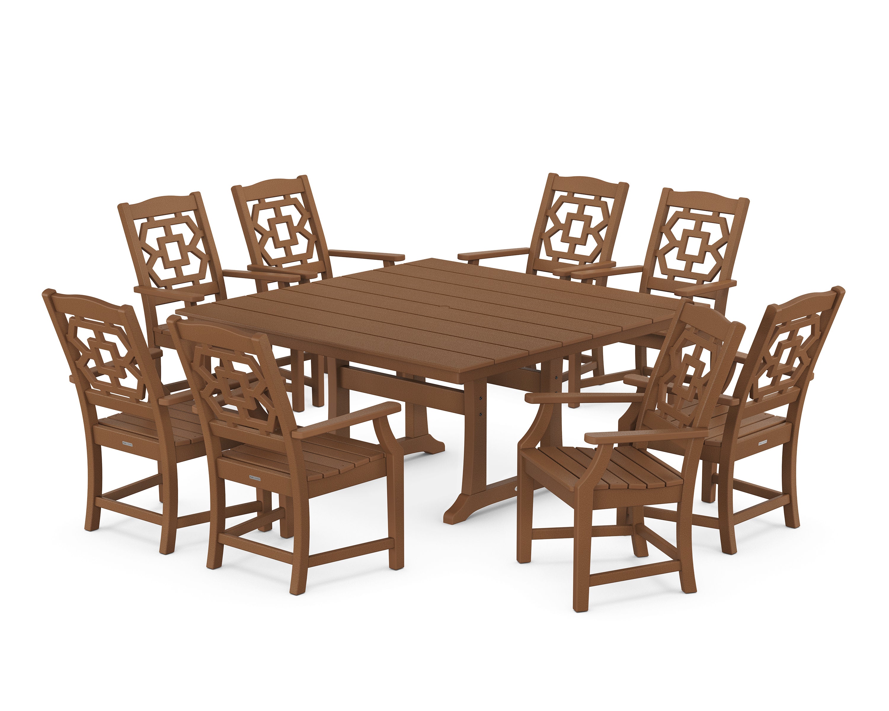 Chinoiserie 9-Piece Square Farmhouse Dining Set with Trestle Legs in Teak