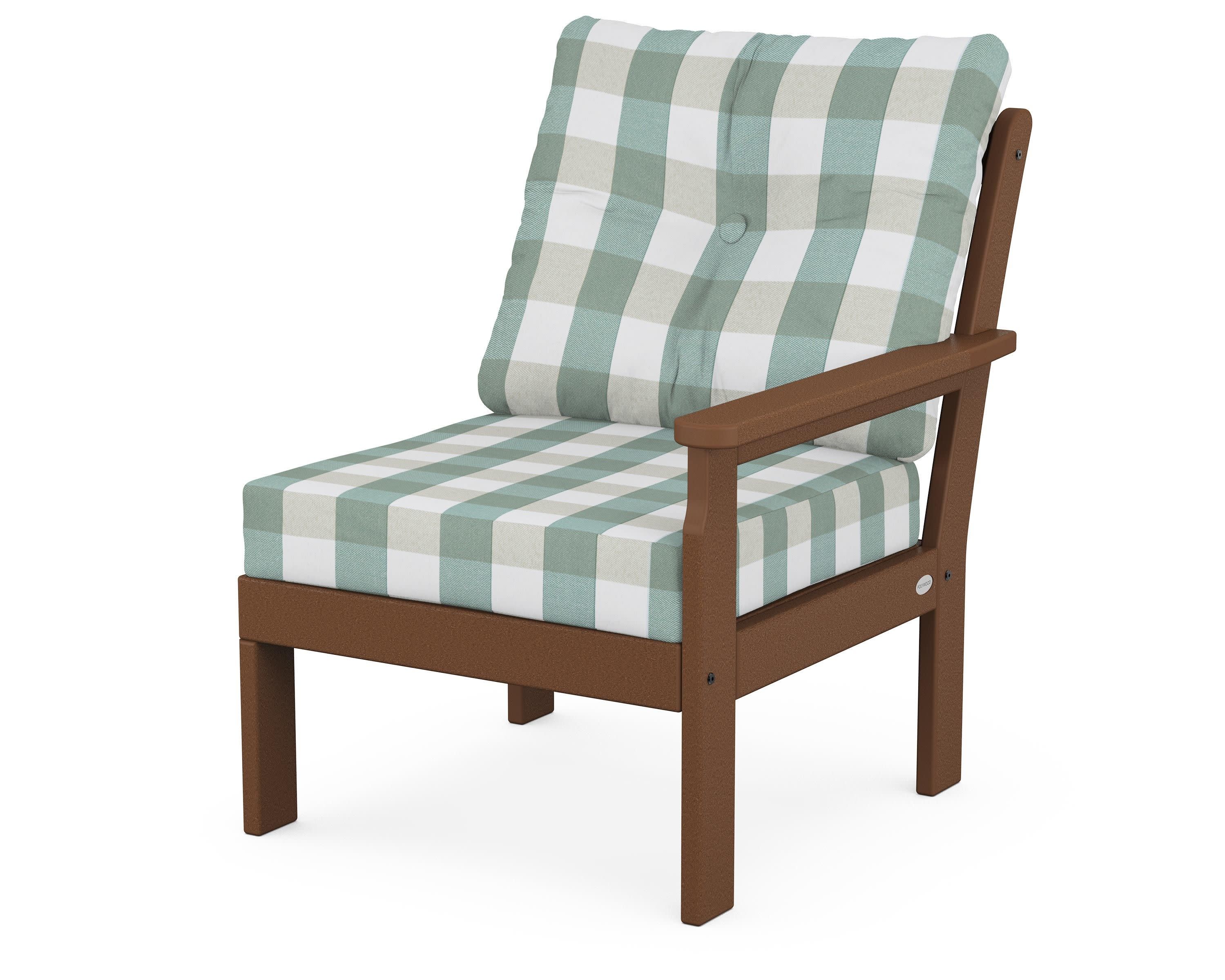 Vineyard Modular Right Arm Chair in Teak / Buffalo Plaid Glacier Spa