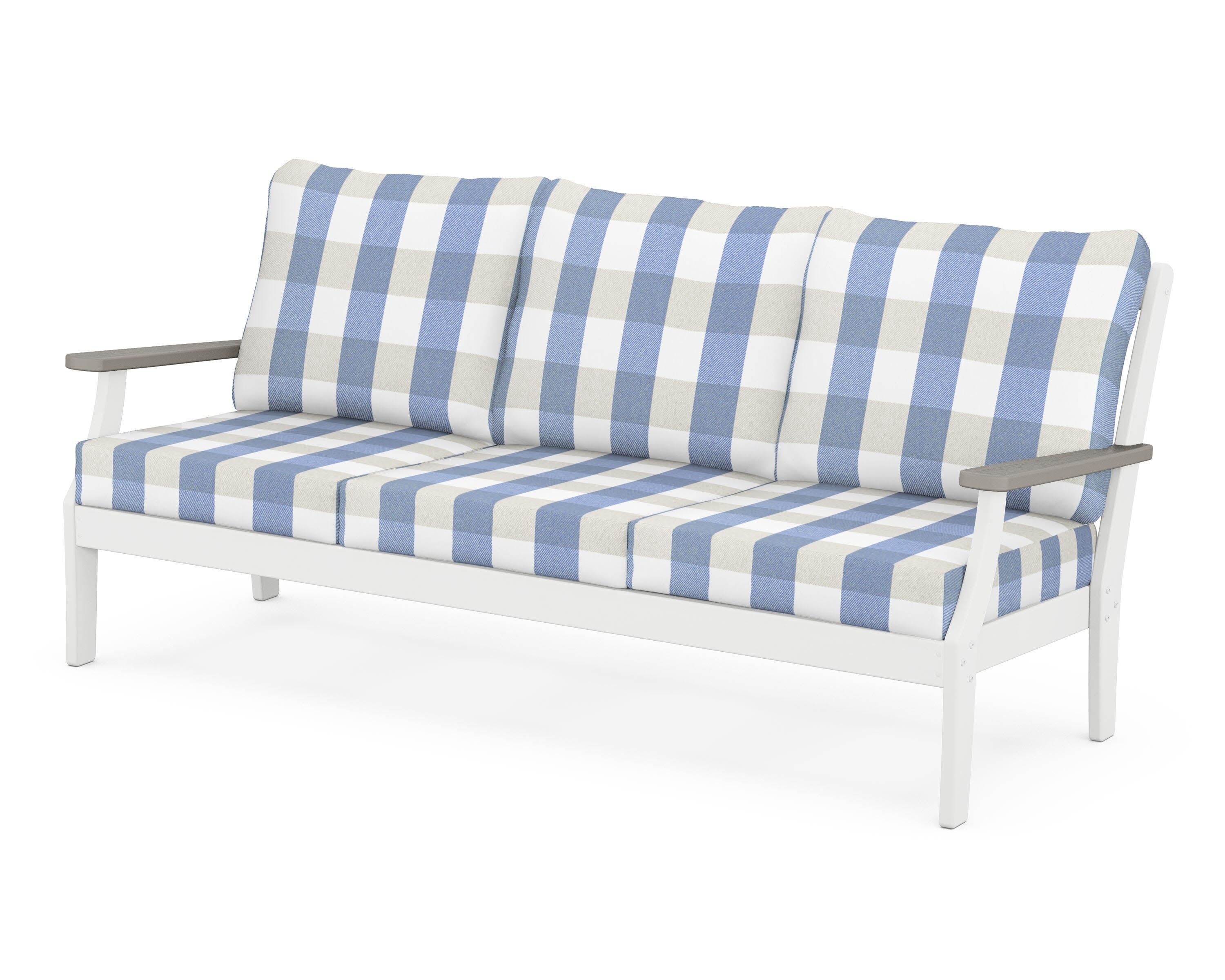 Braxton Deep Seating Sofa in White / Driftwood / Buffalo Plaid Sky Blue