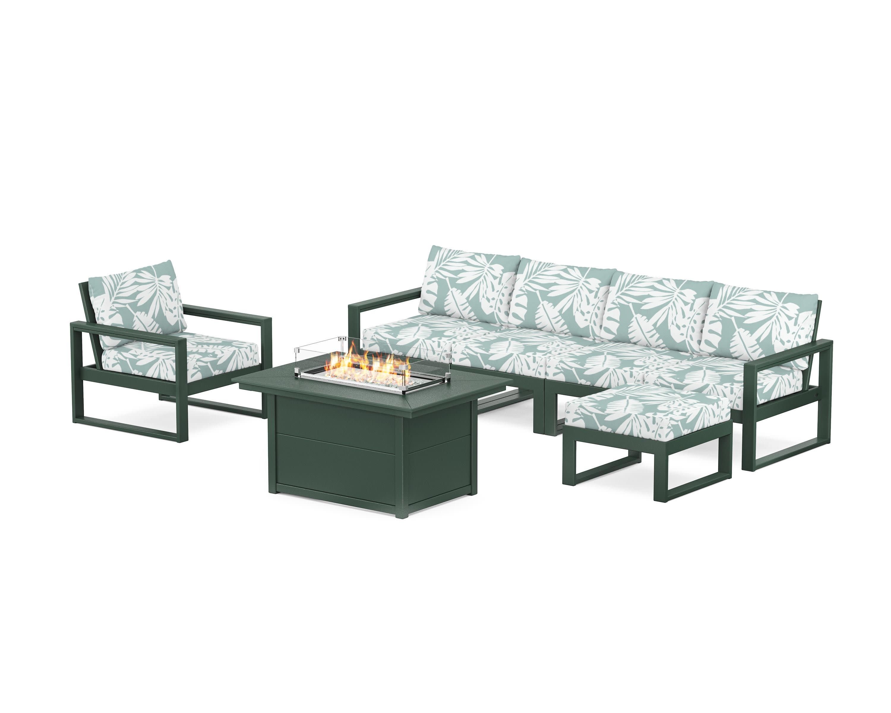 EDGE Sectional Lounge and Fire Pit Set in Green / Leaf Glacier Spa