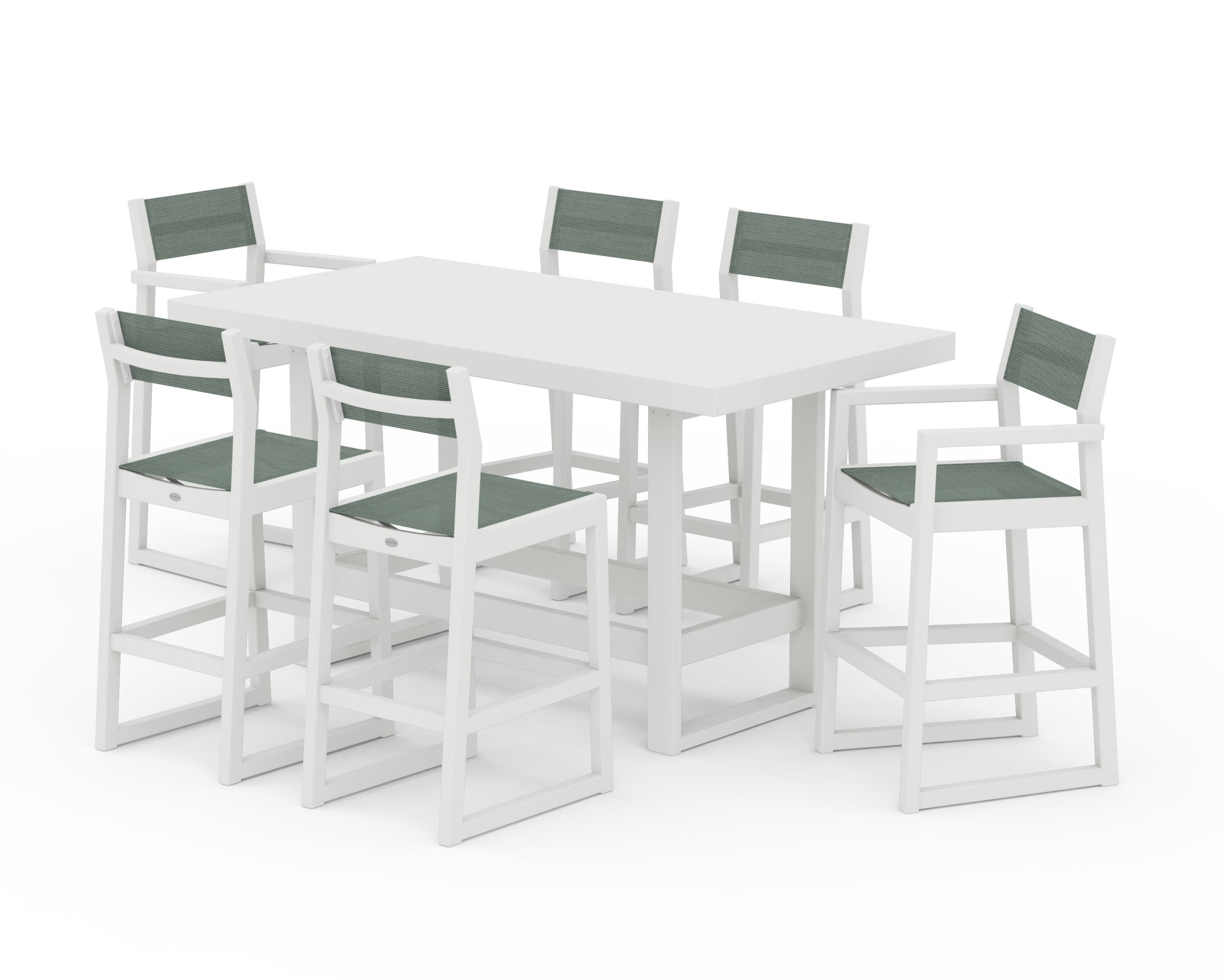 EDGE Sling 7-Piece Bar Table Set in Vintage White / Dupioni Sea Mist Sling