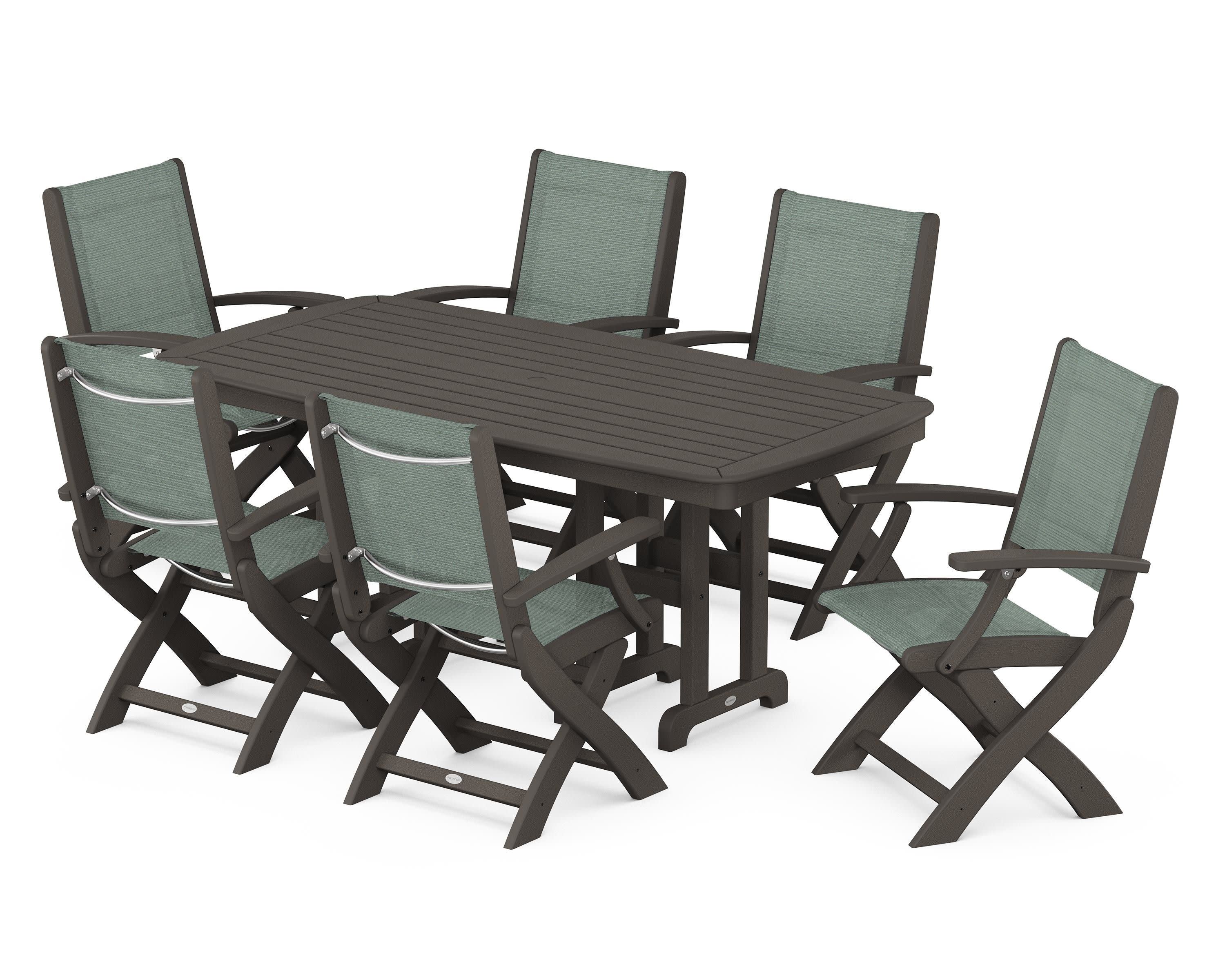Coastal Folding Arm Chair 7-Piece Dining Set in Vintage Coffee / Dupioni Sea Mist Sling