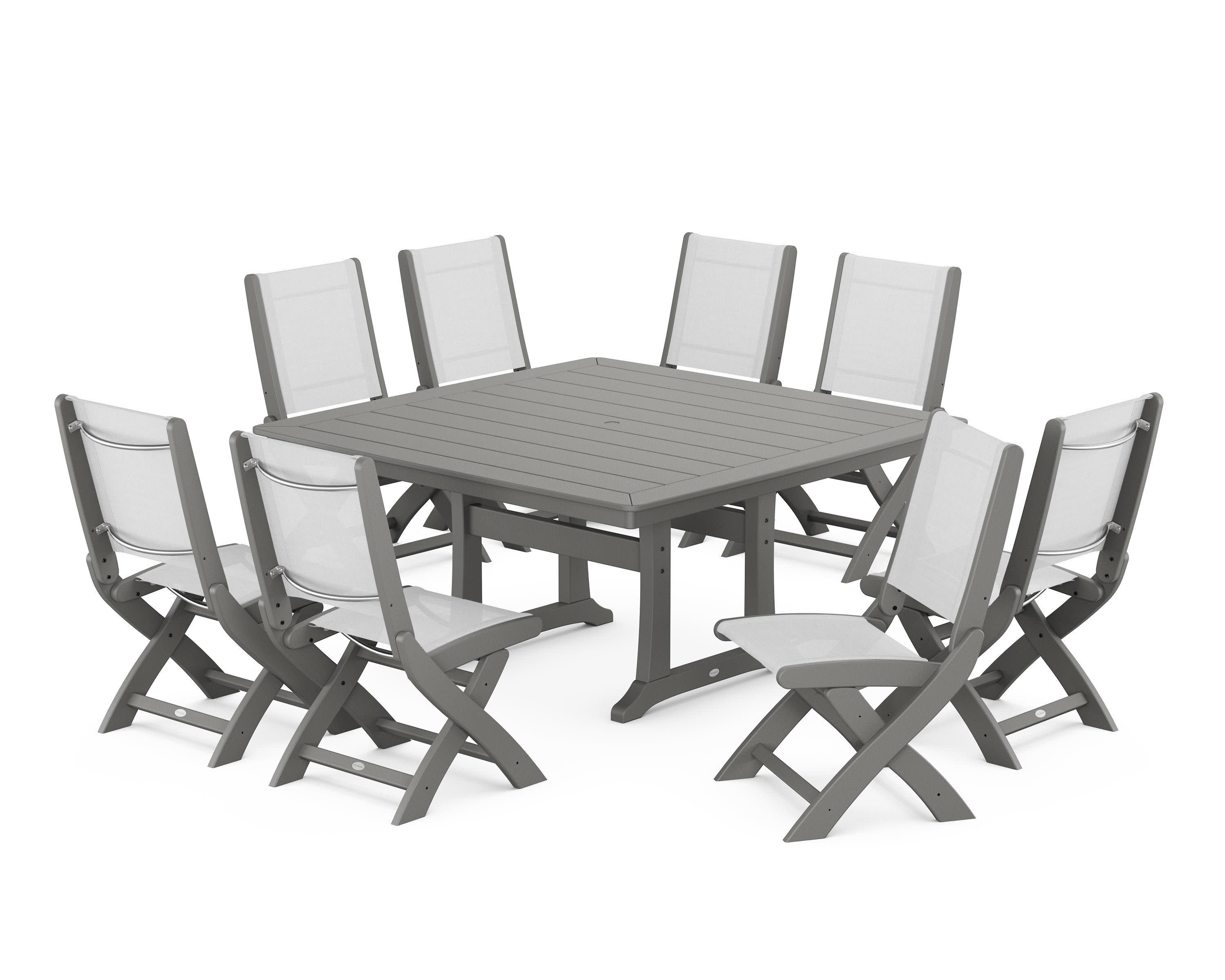 Coastal Folding Side Chair 9-Piece Dining Set with Trestle Legs in Slate Grey / White Sling