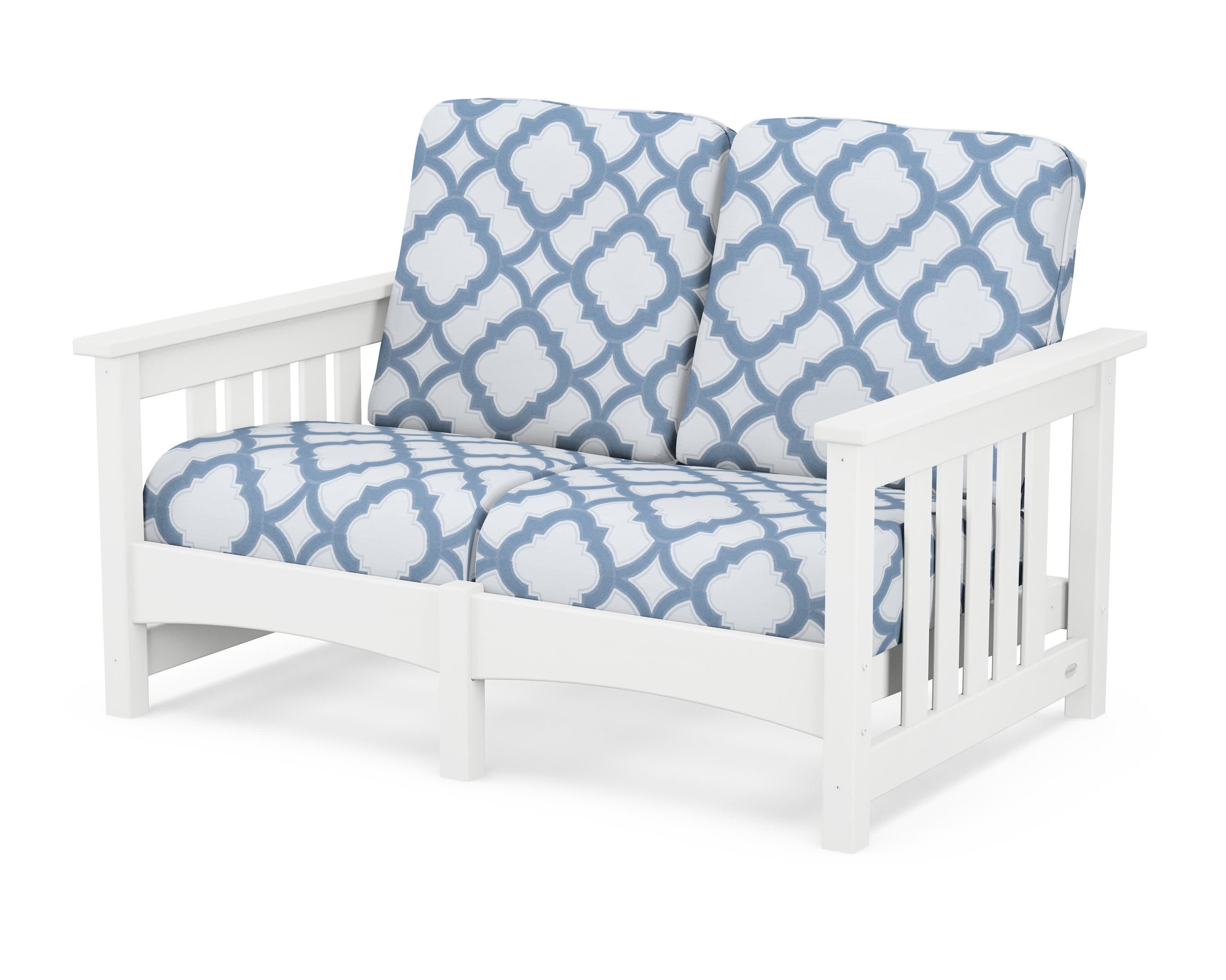 Club Mission Loveseat in White / Trellis Sky Blue