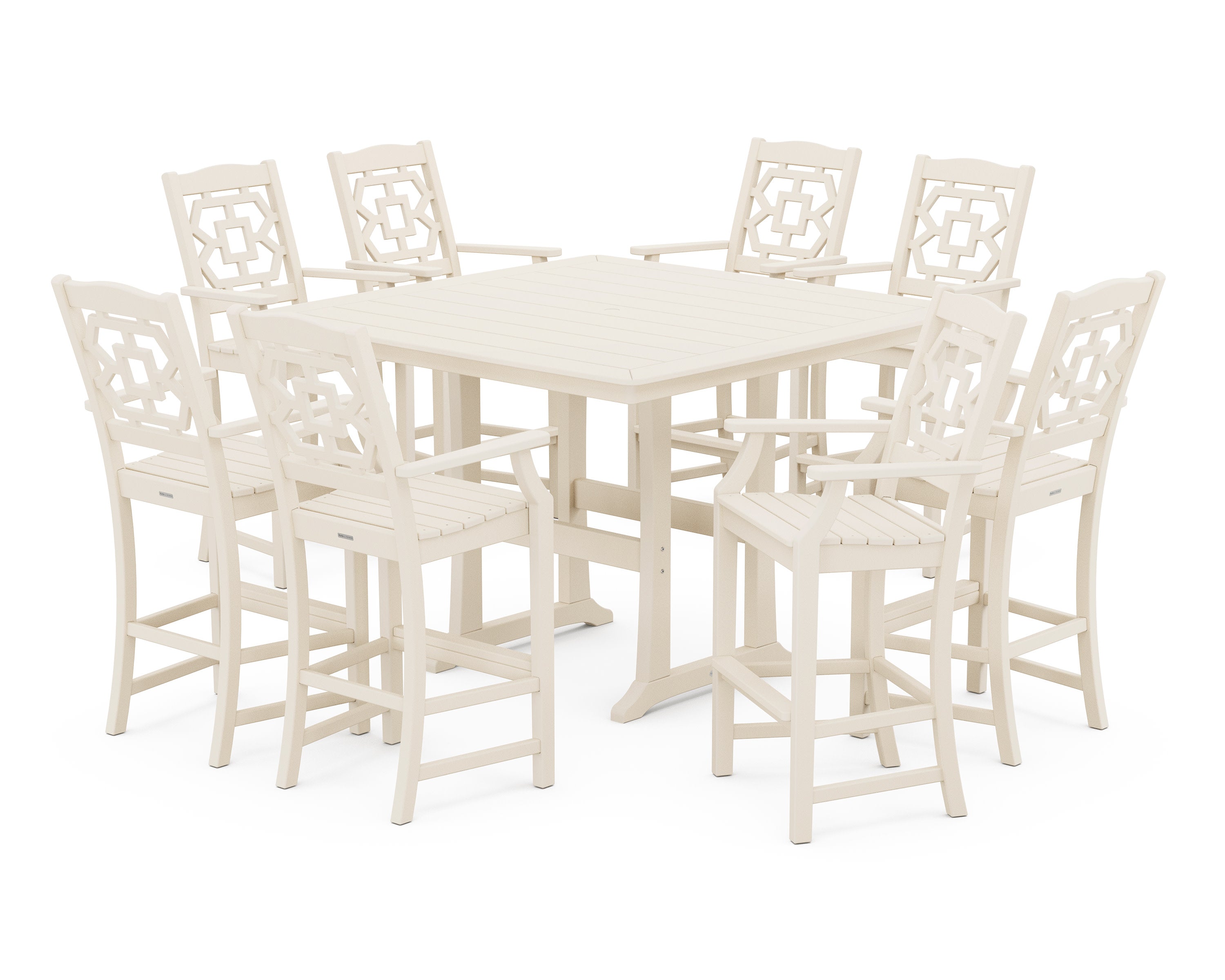 Chinoiserie 9-Piece Square Bar Set with Trestle Legs in Sand
