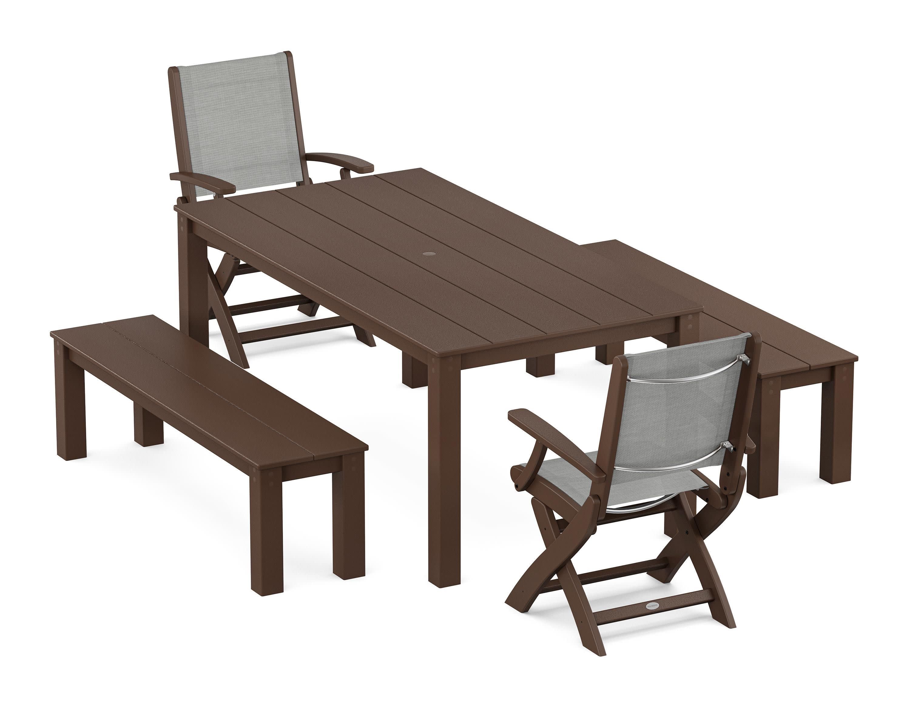 Coastal Folding Chair 5-Piece Parsons Dining Set with Benches in Mahogany / Metallic Sling