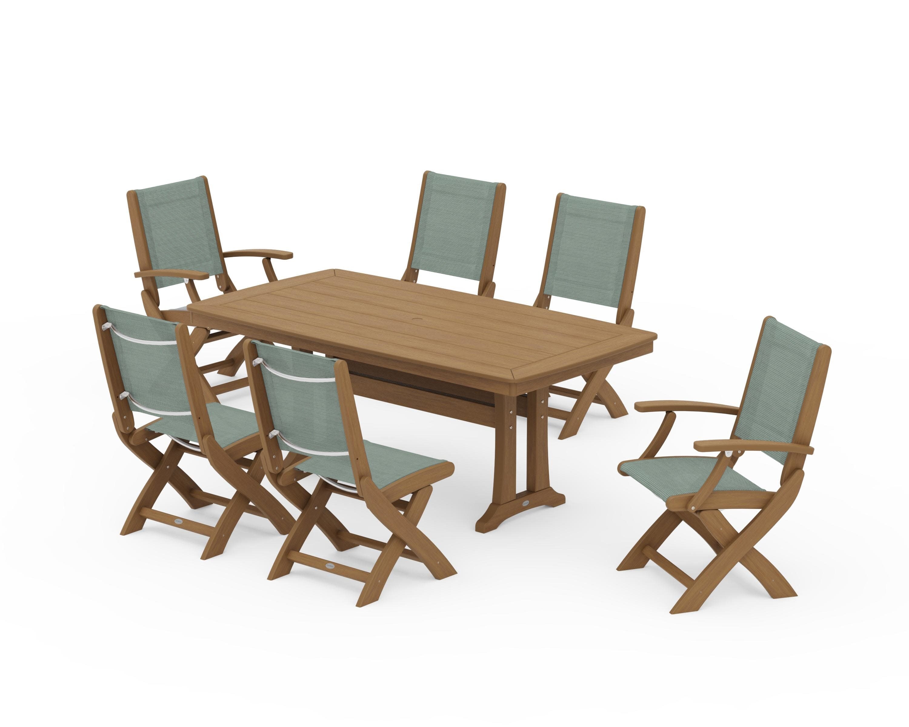 Coastal Folding Chair 7-Piece Dining Set with Trestle Legs in Natural / Dupioni Sea Mist Sling