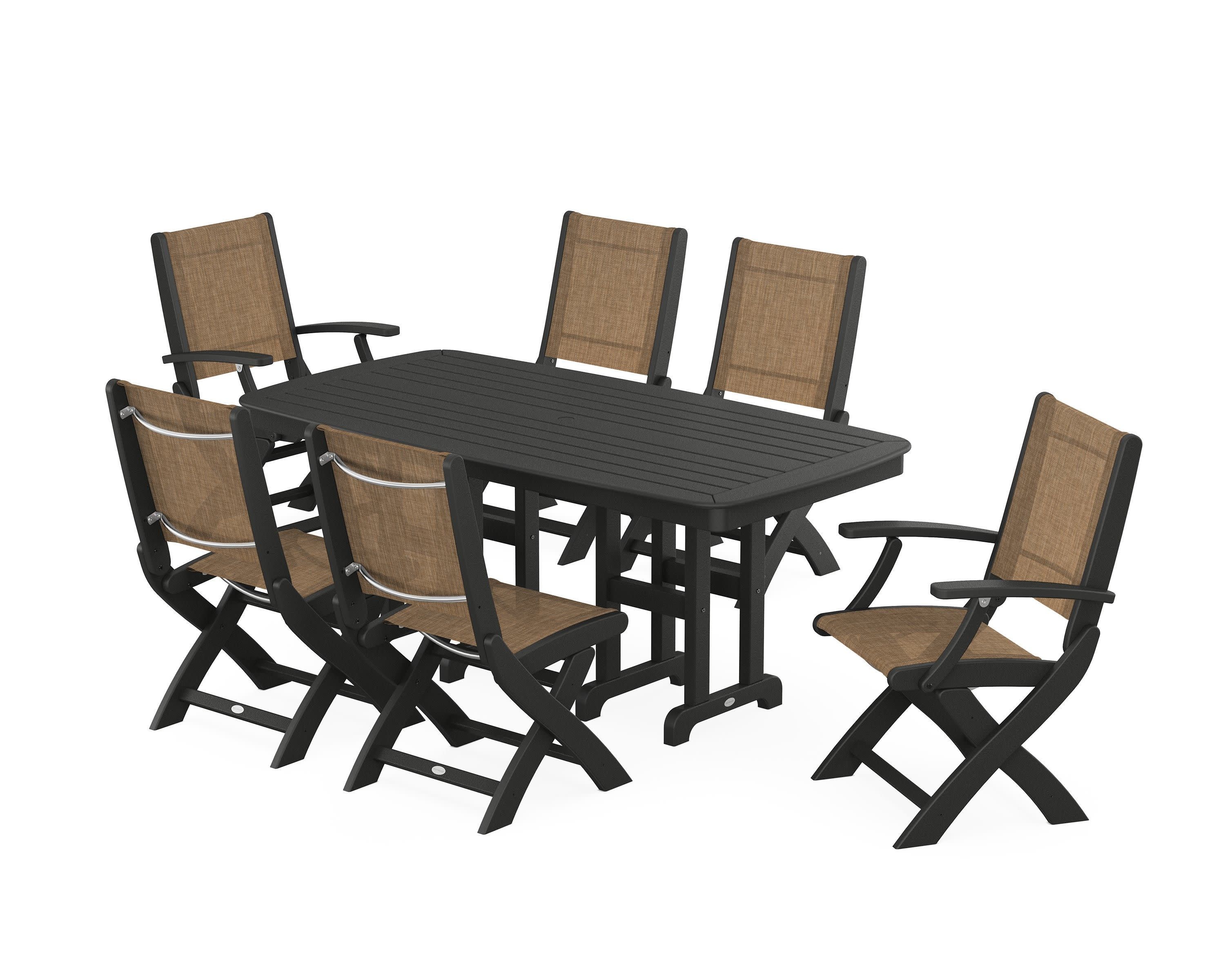 Coastal Folding Chair 7-Piece Dining Set in Black / Burlap Sling