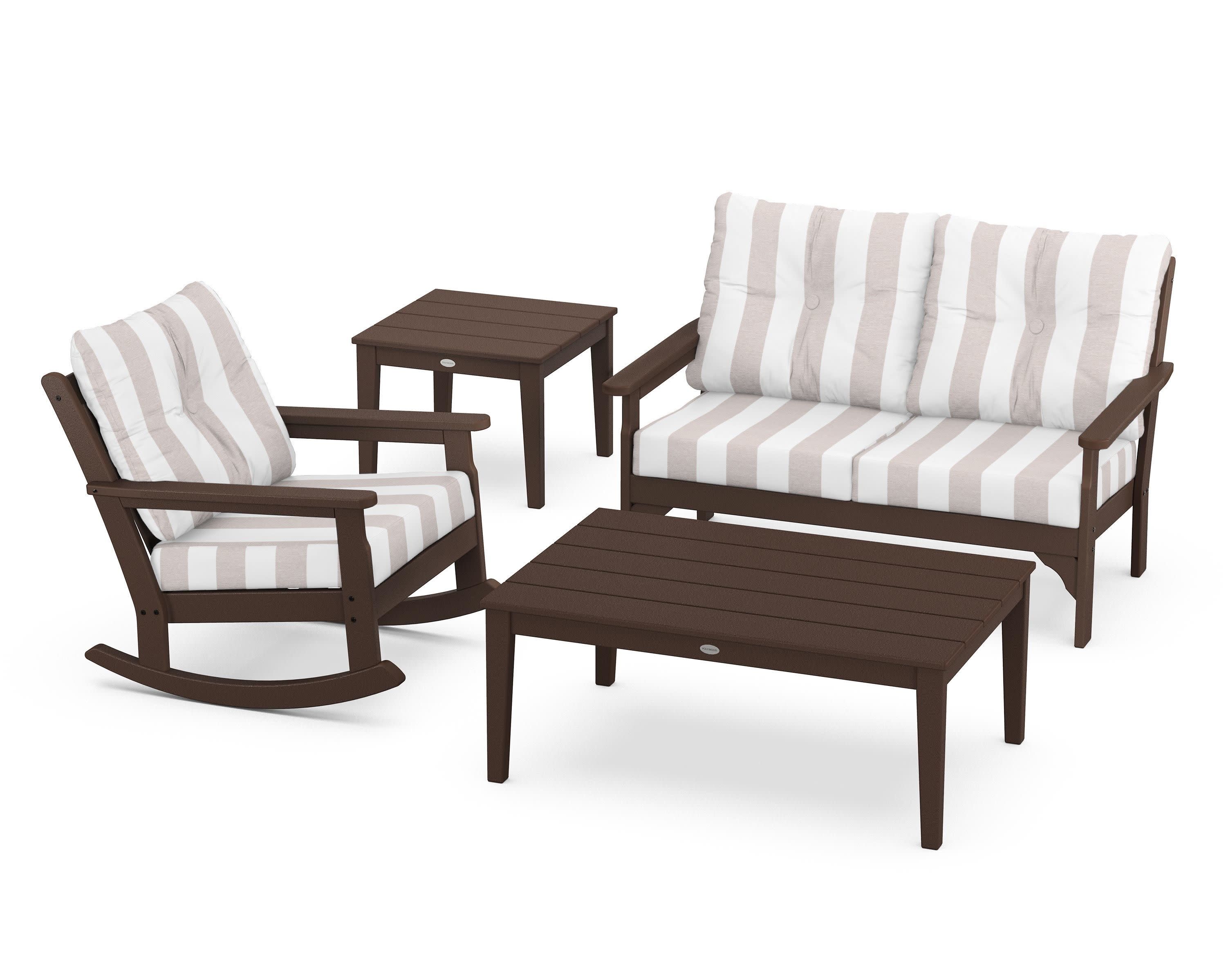 Vineyard 4-Piece Deep Seating Rocker Set in Mahogany / Cabana Stripe Dune Burlap