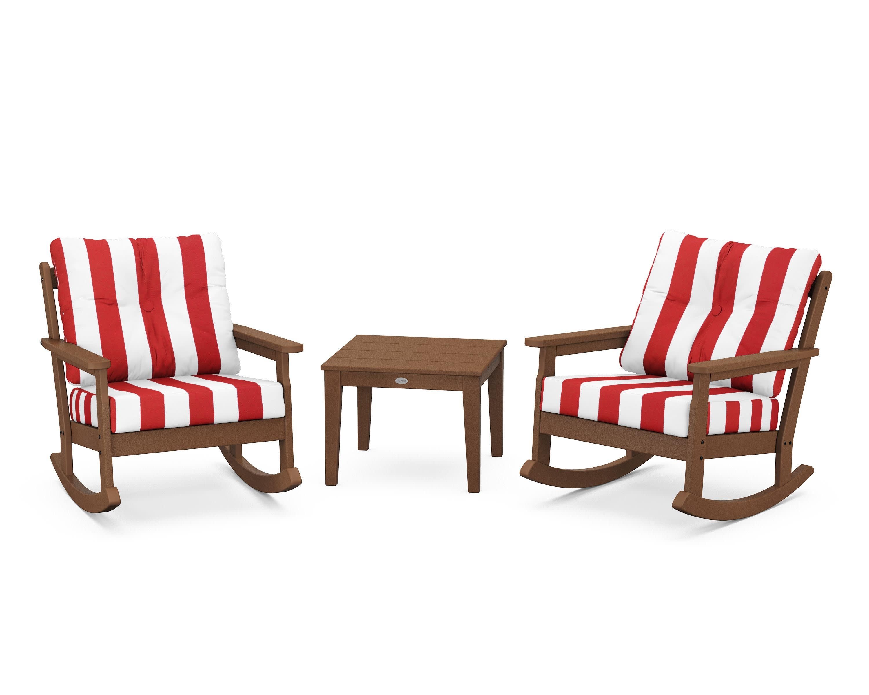 Vineyard 3-Piece Deep Seating Rocker Set in Teak / Cabana Stripe Crimson