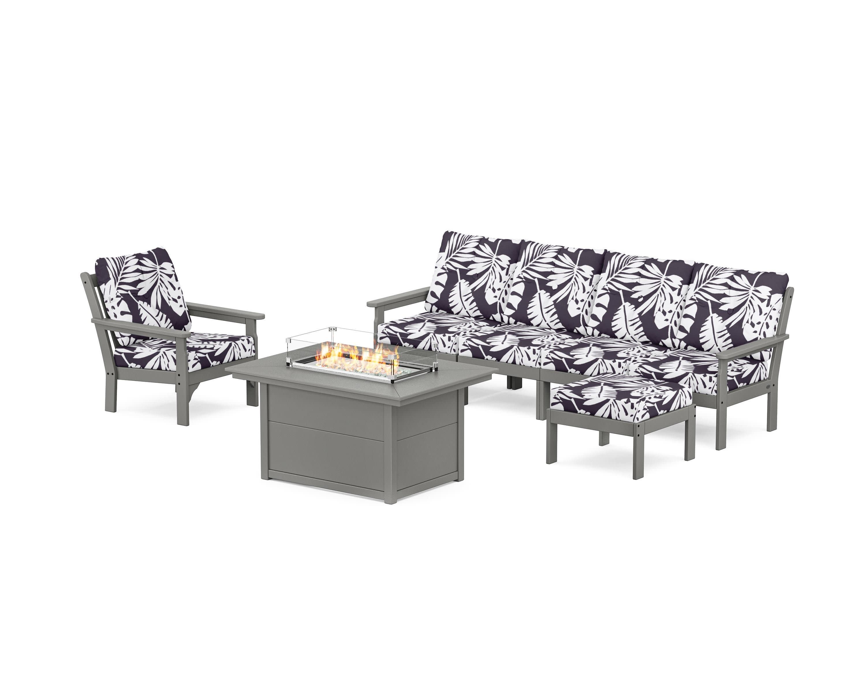 Vineyard Sectional Lounge and Fire Pit Set in Slate Grey / Leaf Navy