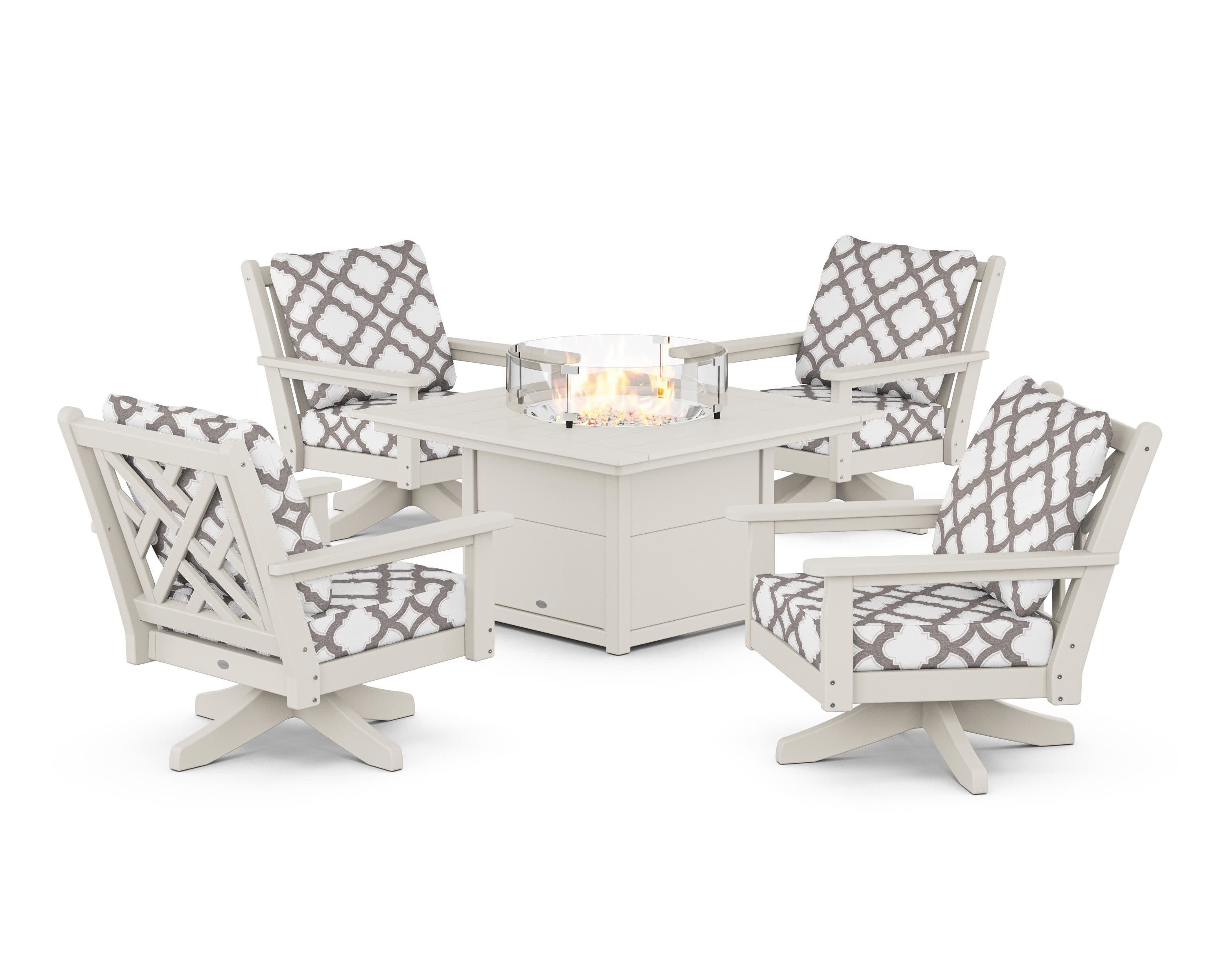 Chippendale 5-Piece Deep Seating Swivel Conversation Set with Fire Pit Table in Sand / Trellis Grey Mist